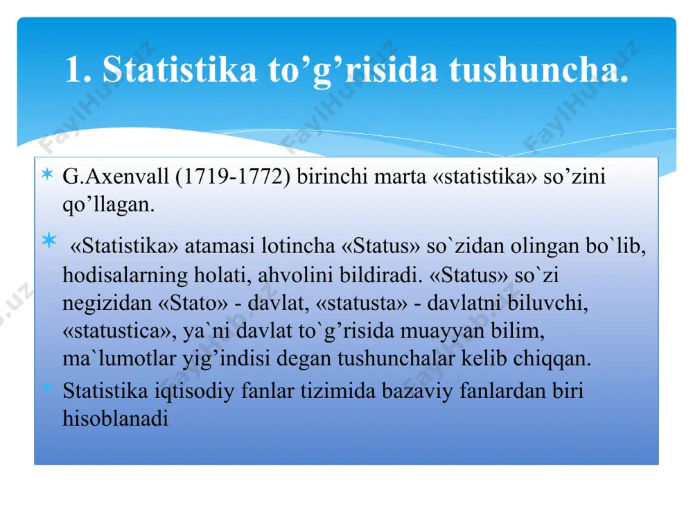 risisda”gi farmoniga ko’ra makroiqtisodiyot va statistika vazirligi tugatilib, uning asosida o’zbekiston respublikasi iqtisodiyot vazirligi va o’zbekiston respublikasi davlat statistika qo’mitasi tashkil qilindi 2002 yilning 12 dekabrida o’zbekiston respublikasi oliy majlisi tomonidan “davlat statistikasi to’g’risida”gi qonun qabul qilingan ushbu qonunga 2005 yil 20 dekabrida, 2010 yil 3 sentyabrida va 2012 yil 3 yanvarida tegishli o’zgartirishlar kiritilgan statistitka metodologiyasining hozirgi davrdagi rivoji quyidagi yo’nalishlarda sodir bo’lmoqda iqtisodiyot holati va rivojlanish istiqbollariga statistik xarakteristika berish milliy hisoblar tizimi (mht) metodologiyasini rivojlantirish tarmoqlar va mintaqalarning ijtimoiy-iqtisodiy rivojlanish darajalari bo’yicha farqlanishlarini va omillar ta’sirini o’rganish metodologiyasini takomillashtirish xalqaro va mintaqalararo taqqoslashlar metodologiyasini rivojlantirish statistika, miqdor, sifat, statistika obyekti va predmeti, statistika uslubiyati (metodologiyasi) yoki uslubi (metodi), statistik qonuniyat, tasviriy statistika, analitik statistika, ommaviy hodisa, ommaviy jarayon, matematik va statistik ehtimol, statistika tarmoqlari, iqtisodiy statistika. kalit so’zlar va asosiy tushunchalar: 1. statistika atamasi qanday kelib chiqqan va ilk bor nimani anglatgan? 2. statistika so‘zi hozir nimalarni …