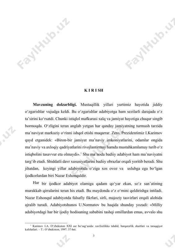 vtoref. -t.: 2006.-b. 26.] ko‘rinadiki, har bir tarixiy-ijtimoiy davrda dunyoqarashlar o‘zgargani singari insonga bo‘lgan qarashlar va uning talqin xususiyatlari ham yangilanadi. insonning ijtimoiy voqelikka munosabati ham zamonlar o‘tishi bilan o‘zgaradi. shu ma’noda, mustaqillik davri o‘zbek adabiyoti, xususan, hikoyachiligida badiiy ifoda va obrazlar talqini masalasini davr, jamiyat va ijtimoiy voqelik bilan vobasta o‘rganishni hayotning o‘zi taqozo etayotir. ushbu masalalarning o‘zbek nasrida in’ikos etganligi qay darajada o‘rganilgan bo‘lmasin, aynan, n.eshonqul ijodi misolida chuqur o‘rganilgan emas. magistrlik dissertatsiyamizda biz mazkur muammoni n.eshonqul hikoyalari misolida tadqiq etib, bashariy qadriyatlar bosh mezon hisoblangan nazariy-estetik qarashlar asosida ilmiy umumlashtirishga harakat qildik. dissertatsiya ishining maqsad va vazifalari. ishda ko‘zda tutilgan asosiy maqsad n.eshonqul hikoyalarida o‘z aksini topayotgan obrazlar va ularning badiiy talqinining g‘oyaviy-estetik mohiyatini o‘rganish va uning ilmiy-nazariy asoslarini yoritishdan iborat. ana shu maqsaddan kelib chiqqan holda tadqiqotimiz oldiga quyidagi vazifalarni qo‘ydik: -n.eshonqul hikoyalarida badiiy tasvirning o‘ziga xosligini tahlil qilish; -qahramonlarning ma’naviy-axloqiy qiyofasini yoritish barobarida badiiy idrok …