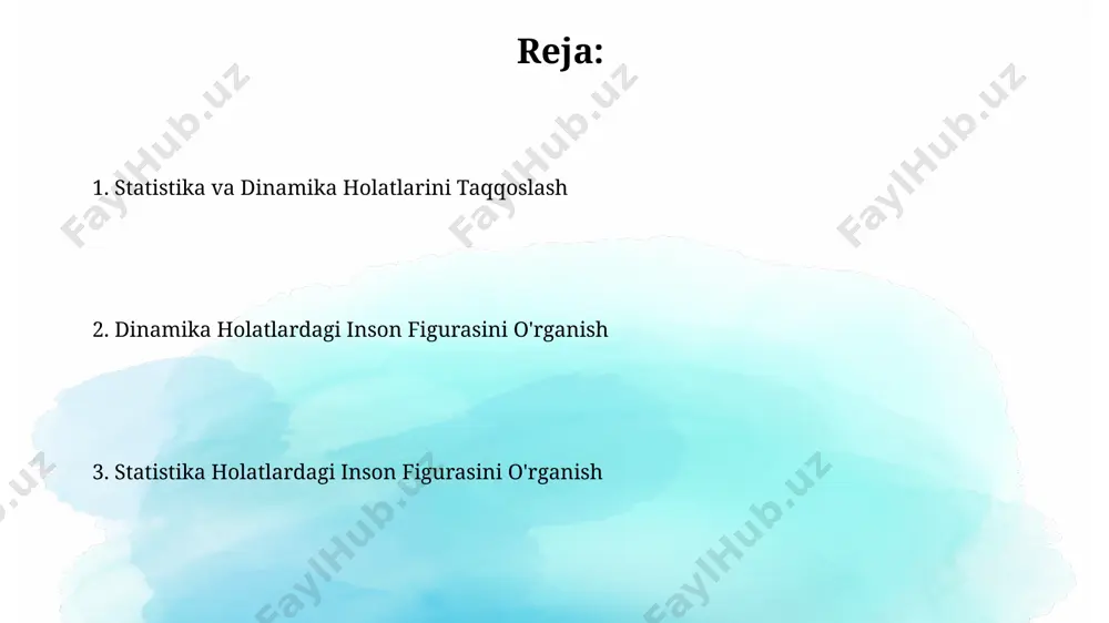 sil o'rganiladi. perspektiva va proporsiya inson tanasining proporsiyalarini o'rganishda, leonardo da vinchi tomonidan 8 bosh uzunligiga asoslangan klassik vitruviy odami kabi standartlarni bilish foydalidir. perspektivada 1:100 masshtabida chizilgan inson figurasi, masalan, rimdagi kolizey rasmlarida bo'lgani kabi, chuqurlikni va hajmni aniqlashda muhim rol o'ynaydi. tuyg'ularni ifodalash inson tanasining 7 ta asosiy qismidagi 30 dan ortiq mushaklarning harakatlari orqali tuyg’ularni ifodalashning 15 xil usuli, masalan, qo’rquv, xursandchilik va g’azab, o’zbekiston milliy rassomchilik maktabi o’quv dasturida batafsil o’rganiladi. tananing 2-3 graduslik burchak o’zgarishlari ham xuddi shunday, hatto mayda harakatlar, masalan, qo’llarni qisish yoki yelkalarni ko’tarish ham insonda 10 ga yaqin turli his-tuyg’ularni ifoda etishga yordam beradi, bu esa anatomiya va psixologiya o’rtasidagi bog’liqlikni ko’rsatadi. chiziq va shakl dinamik pozalarda chiziqlarning harakat yo‘nalishini, 30 daraja burchak ostidagi tananing egilishini va shakllar dinamikasining o‘zgarishlarini o‘zbekistonlik rassomlarning asarlari orqali tahlil qilish mumkin. chiziq va shaklni o‘rganishda, masalan, inson tanasining 7 bosh uzunligiga teng bo‘lgan ideal nisbatlarini …