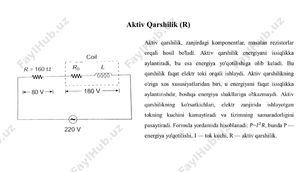 u esa qurilmalar va tizimlarni isishga olib keladi. reaktiv qarshilik esa energiya qaytariladi va zanjirdagi tokni optimallashtirishga yordam beradi. boshqacha aytganda, aktiv qarshilik tizimni qizdirsa, reaktiv qarshilik uni samarali boshqarish va energiya resurslarini optimallashtirish imkonini beradi. aktiv va reaktiv qarshiliklar zanjiriga ta'siri image1.png image2.png image3.png image4.png image5.png image6.png image7.png image8.png image9.png image10.png /docprops/thumbnail.jpeg