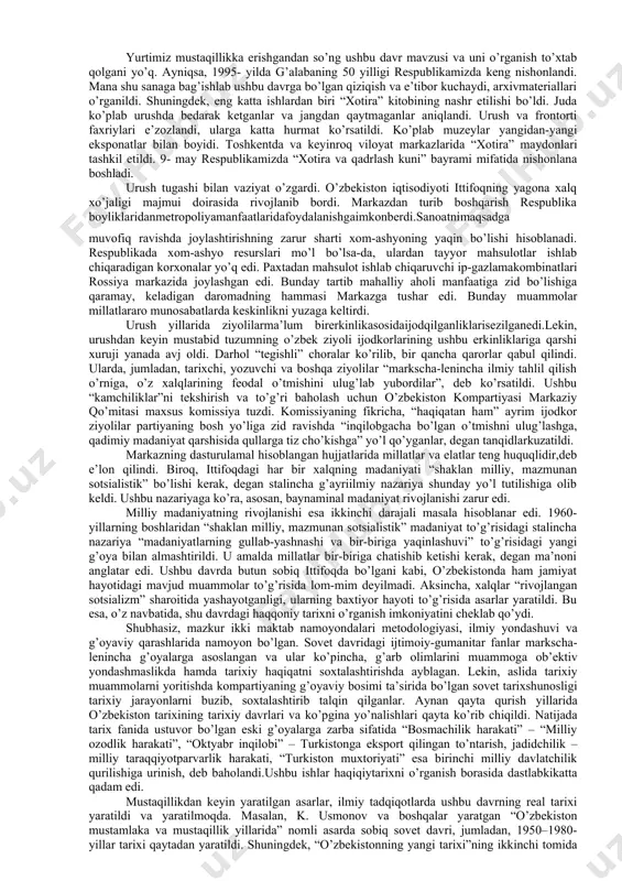 tidannihoyatda qimmatlidir. lekin, ularda tarixiy jarayonlar butunlay buzib, faqat qora ranglarda tasvirlandi. shuni ham ta’kidlash kerakki, stalin shaxsiga sig’inish oqibatlari tugatila boshlangandan so’ngtarixfanidatarixiyvoqealarnixolisroqyoritishimkoniyuzagakeldi.1950-yillarningoxiri – 60- yillarning boshlarida yaratilgan istiqlolchilik harakati tarixiga oid asarlarda mazkur harakatning kelib chiqish sabablari, uni bostirishda yo’l qo’yilgan qirg’inbarotlar o’z aksinitopdi. buni a. qo’qonboyev, a. i. zevele, sh. shomadiyev singari mualliflarning asarlarida ko’rish mumkin. biroq, 60-yillarning o’rtalariga bormay, yana oldingi holatga qaytildi va tarix yana buzib, talqin qilina boshlandi. 1980- yillarning o’rtalarida boshlangan “qayta qurish” siyosati natijasida oshkoralikka ruxsat berildi. mahalliy olimlar shu davrda tariximizda mavjud “oq dog’lar”, jumladan, sovetlargaqarshiqurollikurash(istiqlolchilikharakati)tarixinitadqiqetaboshladilar.p. g. kim, m. hasanov, a. akromov, i. isoqov va boshqalar o’z maqolalarida istiqlolchilik harakatining haqqoniy tarixini yaratishga harakat qildilar. sovetlarga qarshi qurolli kurashi (istiqlolchilik harakati) tarixi asosan, mustaqillik yillarida butunlay qayta yaratildi va o’zining haqqoniy bahosini oldi. 1920–1930- yillarda sovet davlati va kommunistlar partiyasi o’zbekistonda ham siyosiy, ham iqtisodiy, ham ijtimoiy, ham madaniy sohada tub o’zgartirishlarni …