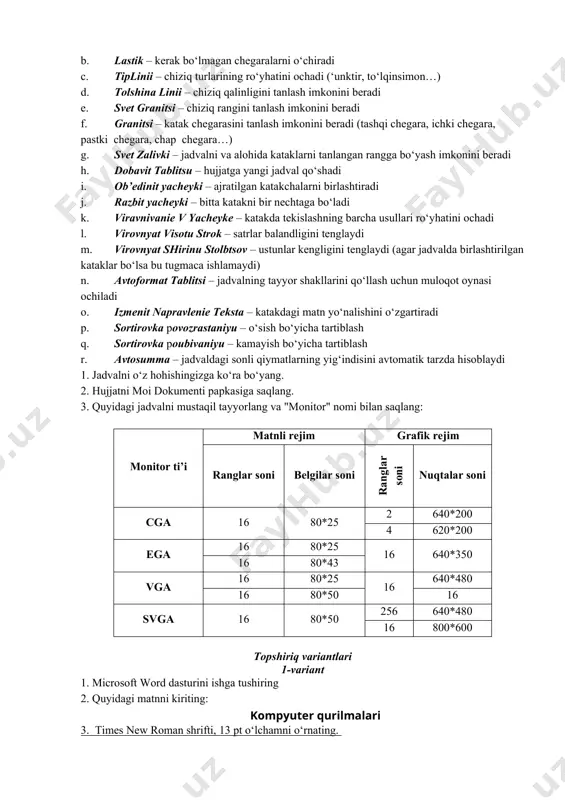 i buyrug‘ini bajaring. 6. ikkinchi ustundagi ikkita katakni ajrating va tablitsa - obyedinit yacheyki buyrug‘ini bajaring. 7. birinchi qatordagi so‘nggi uchta katakni ajrating va tablitsa - obedinit yacheyki buyrug‘ini bajaring. 8. hosil bo‘lgan jadvalni to‘ldiring: t/r tovarning nomi narxi bittasining narxi (ming so‘m) miqdori summa(ming so‘m) 1. televizor 200 4 800 2. dazmol 30 6 180 3. kompyuter 900 2 1800 4. printer 200 5 1000 5. musiqa markazi 300 8 2400 9.jadvalni to‘laligicha ajrating, sichqonchaning o‘ng tugmachasini bosing, «viravnivanie v yacheyke» punktini tanlang, kerakli variantni tanlang. 10. standartnaya uskunalar panelidagitugmachasini bosib, tablitsi i granitsi uskunalar panelini oching. 11. tablitsi i granitsi uskunalar panelidagi knopkalarning vazifalarini mustaqil o‘rganing. a. narisovat tablitsu – jaldvalni qalam bilan chizish imkonini beradi b. lastik – kerak bo‘lmagan chegaralarni o‘chiradi c. tiplinii – chiziq turlarining ro‘yhatini ochadi (‘unktir, to‘lqinsimon…) d. tolshina linii – chiziq qalinligini tanlash imkonini beradi e. svet granitsi – chiziq rangini tanlash …