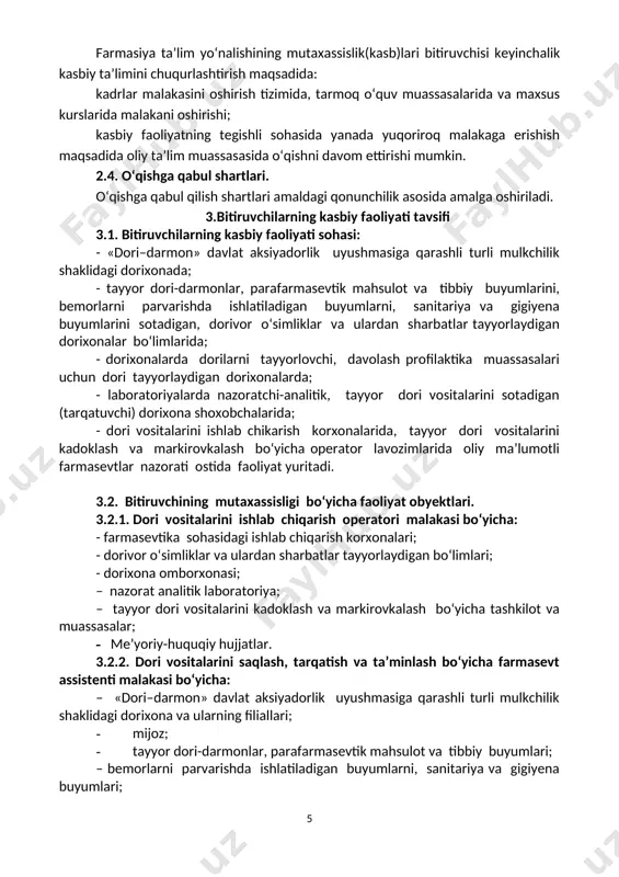 atish uchun rasmiylashtirish; – dori vositalarni qabul qilish va joylashtirishda ishtirok etish; – reseptsiz sotishga ruxsat etilgan dori vositalar va parafarmasevtik mahsulotlarini tarqatish; – ish o‘rinlarida sanitariya qoidalariga rioya qilish; – dorixona xodimlariga qo‘yiladigan etik talablarning bajarilishi; – turli shoshilinch holatlarda klinik belgilarni bilish va birinchi tibbiy yordam ko‘rsatish; – sog‘lom turmush tarzini targ‘ib qilish va aholini tibbiy ongini o‘stirish. 4. farmasiya ta’lim yo‘nalishi mutaxassislik(kasb)lari ta’lim dasturining o‘zlashtirgan bitiruvchining kasbiy kompetensiyasiga qo‘yiladigan talablar. 6.1. farmasiya ta’lim yo‘nalishi mutaxassislik(kasb)lari bitiruvchilari umumiy kompetensiyasiga qo‘yiladigan talablar: uk-1. kelajakdagi kasbining ijtimoiy mohiyatini tushunish, tibbiyot sohasining o‘z kasbiga oid muhim ahamiyatlarini bilish. uk-2. o‘z faoliyatini tashkil etish, kasbiy vazifalarni yechish usullarini aniqlash, ularning samaradorligini va sifatini baholash. uk-3. noan’anaviy vaziyatlarda xavf-xatarni mustaqil baholash va qarorlar qabul qilish. uk-4. kasbiy va shaxsiy rivojlanish hamda kasbga oid vazifalarni hal etish uchun zarur bo‘lgan axborotni izlash, tahlil qilish va baholashni amalga oshirish. uk-5. kasbga oid faoliyatni uning maqsadlari, …