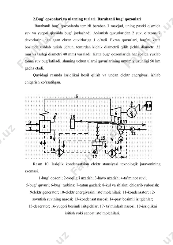 zligi s1 qiymatgacha ortadi va bosimi r1 qiymatgacha kamayadi, hamda bug’ harorati pasayadi. bug’ soplodan chiqib turbinaning ishchi kurakchalariga uzatiladi. agarda turbina aktiv bo’lsa, u holda ishchi kurakchalarda bug’ kengayishi sodir bo’lmaydi va o’z navbatida bug’ bosimi ham o’zgarmaydi. bug’ning mutloq harakat tezligi s1 qiymatidan s2 qiymatiga turbinani aylantirish tezligi v hisobiga o’zgaradi. turbina odatda konstruktiv jihatdan bir necha pog’onali bo’ladi, ularning har biri soplo kurakchalari va ishchi kurakchalardan iborat bo’ladi. soplo va ishchi kurakchalar bir xil radiusli aylanalarga mahkamlangan bo’ladi. reaktiv turbinada bug’ kengayishi ishchi kurakcha kanalida sodir bo’ladi. ishchi kurakchalar kanalida bug’ kengayish ko’rsatkichlariga qarab reaktivlik darajasi ko’rsatiladi. hozirgi davrda turbinalar ko’p pog’onali qilib yasaladi, bir turbinaning o’zida ham reaktiv, ham aktiv turbina jam qilinishi mumkin. rasm 13. aktiv turbinaning ishlash sxemasi turbinani reaktiv pog’onasidagi bug’ ko’rsatkichlarni kengayishi quyidagi rasmda ko’rsatilgan. rasm 14. reaktiv turbinaning ishlash sxemasi turbina soplolarida bug’ qisman r11 bosimgacha kengayadi. bug’ bosimini r2 gacha …