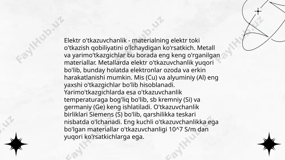 nadi. turli o'lchash qurilmalari, masalan, konduktometr va amperometrik usullar keng qo'llaniladi. labda o'tkaziladigan tajribalar 1 ms/m dan 1 s/m gacha bo'lgan keng diapazonda o'tkazuvchanlikni o'lchash imkonini beradi. adabiyotlarda ko'pincha ion kontsentratsiyasi va hech qaysi fizik o'lchash usuli qanday natija berishi mumkinligi haqidagi raqamlar keltiriladi. parametrlar harorat, bosim va eritma tarkibiga bog'liq holda o'zgarishi mumkin. ... t.me/slaydai_bot 10. supero'tkazuvchanlik supero'tkazuvchanlik - bu ba'zi materiallar favqulodda past haroratlarda (odatda bosimga yaqin) qarshiligini mutlaqo yo'qotgan holatda ametall holga o'tishi. 1911-yilda kamerlingh onnes tomonidan kashf etilgan. suvosti kabel yuz foizlik samaradorlikni 4,2 kelvin boʻlgan oʻta o'tkazuvchan simlar orqali olib o'tilgan. bugungi kunda eng yuqori haroratli supero'tkazuvchilar qo'rg'oshin-bizmut aralashmalari bo'lib, ular 138 kelvin (-135 °c) gacha supero'tkazuvchan holatga o'tadi. supero'tkazuvchanlik kvant mexanikasida ko'p foydalaniladi va kvant kompyuterlari uchun muhim platformadir. ilm-fanda ushlashsiz magnit levitatsiya va mri apparatlarida foydalaniladi. 1986-yilda yangi supero'tkazuvchilar uchun nobel mukofoti taqdim etilgan. ... t.me/slaydai_bot yarim o'tkazgichli materiallar elektr o'tkazuvchanligi jihatidan o'tkazgichlar …