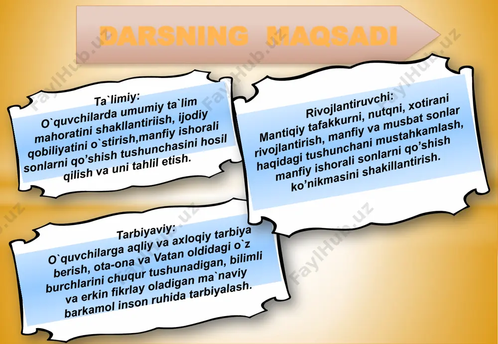 imizda ta`lim islohotlari jadal rivojlanib borayotgan bir davrda, bugungi darsimizni “dars muqaddas” tavsiyasi asosida “o`rgan-o`rgat” usulida olib boramiz. shu o`rinda xalqimizning bir pirma`no naqli yodimizga tushadi. “shunday insonlar borki, biladi, bilishini ham biladi, undan o`rganmoq kerak. yana shundaylar borki, bilmaydi, bilmasligini ham biladi, u qobil insondir, unga o`rgatmoq kerak. uchinchi toifadagilar esa bilmaydi, bilmasligini ham bilmaydi, u uyqudadir, uni uyg`otmoq kerak”. bu naqliga amal qilib, darsimizni kichik guruhlarga bo`lib, guruhlarni “musbat sonlar” “manfiy sonlar” “butun sonlar” deb nomlaymiz. o`tilgan mavzuni mustahkamlash uchun xotira mashqidan foydalanib, guruhlarga savollar beriladi va natijalar rag’bat va jarima kartochkalari bilan baholanadi. tezkor savollar musbat sonlar. 2. qarama-qarshi sonlar. 3. eng katta natural son. 4. sonnig moduli tushunchasi. 5. ikkita manfiy sondan qaysi biri katta? i guruh ii guruh 1. manfiy sonlar. 2. o’zaro teskari sonlar. 3. nuqtaning koordinatasi. 4. bir xil ishorali sonlarni koordinata to’g’ri chizig’i yordamida qo’shish. 5. eng kichik manfiy son. iii guruh …