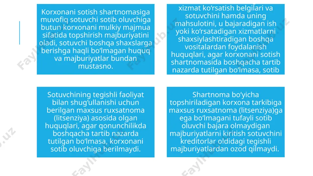 itsenziya)si bo‘lmaganligi sababli bajara olmaydigan majburiyatlarni shartnoma bo‘yicha topshirilayotgan korxona tarkibiga kiritish ijaraga beruvchini kreditorlar oldidagi tegishli majburiyatlardan ozod qilmaydi. korxona mulkiy kompleks sifatida ijaraga berilganidan keyin ijaraga beruvchi bilan ijaraga oluvchi topshirilgan korxona tarkibiga kiritilgan va ijaraga oluvchiga kreditorning roziligisiz o‘tkazilgan qarzlar bo‘yicha solidar javobgar bo‘ladilar. korxonani ijaraga berish shartnomasining shakli korxonani ijaraga berish shartnomasining shakliga rioya etmaslik uning haqiqiy bo‘lmasligiga olib keladi. korxonani ijaraga berish shartnomasi davlat ro‘yxatidan o‘tkazilgan paytdan boshlab tuzilgan hisoblanadi. korxonani ijaraga berish shartnomasi taraflar imzolagan bitta hujjat tarzida yozma shaklda tuziladi va u davlat ro‘yxatidan o‘tkazilishi lozim. ijaraga olingan korxona ijaraga oluvchiga topshirish dalolatnomasi bo‘yicha topshiriladi. agar ijara shartnomasida boshqacha tartib nazarda tutilgan bo‘lmasa, ijaraga olingan korxonani topshirishga tayyorlash, shu jumladan topshirish dalolatnomasini tuzish va imzolashga taqdim etish ijaraga beruvchining zimmasidagi majburiyat hisoblanadi va uning hisobidan amalga oshiriladi. ijaraga oluvchining korxonani saqlash va uni ishlatish xarajatlarini to‘lash bo‘yicha majburiyatlari korxonani ijaraga oluvchi ijara shartnomasi …