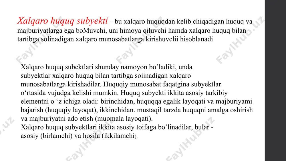 vofiq tuzilgan. federatsiya a ’zolari (subyektlar) ma’lum bir darajada o‘z erkinligini federativ davlat doirasida saqlab qolganlar va shu paytning o ‘zida.xalqaro huquq subyektliligini yo ‘qotgan edilar. federatsiya davlat sifatida xalqaro huquq subyektining xususiyatini olgan edi. xalqaro huquqda federatsiya a’zolarining xalqaro huquq subyektlilikka ega bomish xususida hech qanday norma mavjud emas. ichki davlat tuzilishi davlatning ichki vakolatlarga oid masalalar qatoriga kiradi. umumiy xalqaro huquq unitar va federativ davlat o‘rtasidagi farqlanishni amalga oshirmaydi. ba’zi federativ davlatlar konstitutsiyalari, masalan, gfr federativ davlat subyektlari su v eren . davlatlar bilan tor doiradagi masalalar yuzasidan, y a’ni madaniy, ilmiy, texnik hamkorlikka bag‘ishlangan shartnomalar tuzish imkoniyatlarini mavjudligini e ’tirof etadi. biroq mazkur xalqaro shartnomalar faqatgina tegishli federativ davlat organlarining roziligi asosida tuzilishi mumkin tarix yana shunday tuzilma bo‘lmish konfederatsiyalar haqida voqif b o‘lgan. konfederatsiya xalqaro shartnomaga asosan suveren davlatlarning umumiy faoliyatlarini amalga oshirishlik uchun, asosan mudofaa va tashqi siyosat masalalari bo‘yicha tuziladigan vaqtinchalik ittifoqi hisoblanadi. uning …
