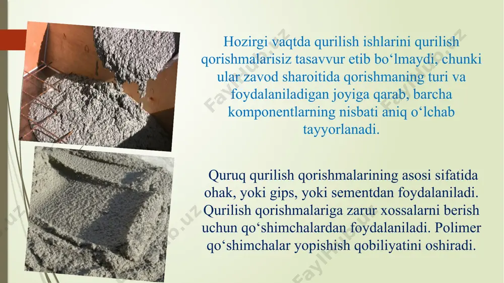 zichligi bo‘lib, uni tuzilishiga tarkibini tashkil qiluvchilarga bog‘liq bo‘ladi. zichligi bo‘yicha betonlar o‘ta og‘ir (2500 kg/m3 va undan yuqori); og‘ir (2000÷2500 kg/m3); yengil (800÷2000 kg/m3); o‘ta yengil (800 kg/m3) turlarga bo‘linadi. o‘ta og‘ir betonlar(qorishmalar) - og‘ir to‘ldiruvchilardan, ya’ni, po‘lat qipiqlari va qirindilari (po‘lat beton), temir rudalari (limonit va magnetit betonlar), yoki barit rudalari (barit beton) tayyorlanadi. og‘ir betonlar - konstruksiyabop material sifatida qurilishda keng qo‘llaniladi. to‘ldiruvchi sifatida asosan tog‘ jinslari (granit, ohaktosh, marmar, diabaz va h.) va sanoat chiqindilari (asosan tog‘-kon sanoati) ishlatiladi. yengil betonlar - konstruksiyabop hamda, issiqlikdan himoya qiluvchi material sifatida qo‘llaniladi. ular sun’iy g‘ovak (keramzit, agloporit, perlit, ko‘pchitilgan shlaklar, yengil sanoat chiqindilari va h.) va tabiiy (vulqon qumi, tuf, pemza, chig‘anoqtoshlar va h.) yengil to‘ldiruvchilar asosida tayyorlanadi. o‘ta yengil betonlar - toifasiga serg‘ovakli, ko‘pikli va gazbetonlar kiradi. ular asosan binolarning to‘siq konstruksiyalari sifatida, shuningdek, issiqlik saqlovchi va pardozbob manzarali konstruksiyalarni tayyorlash uchun qo‘llaniladi. serg‘ovak betonlar tarkibi qumsiz …