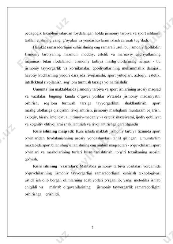 va mashqlarining turlari bilan tanishtirish, to’g’ri texnikaning asosini qo’yish. kurs ishining vazifalari: maktabda jismoniy tarbiya vositalari yordamida o’quvchilarining jismoniy tayyorgarligi samaradorligini oshirish texnologiyasi ustida ish olib borgan olimlarning adabiyotlari o’rganilib, yangi metodika ishlab chiqildi va maktab o’quvchilarining jismoniy tayyorgarlik samaradorligini oshirishga erishildi. i.bob.jismoniy tarbiya fani bo`yicha o`quv- tarbiya jarayonini rejalashtirish (5-9 sinflar) 1.1.jismoniy tarbiya fani bo`yicha rejalashtirish shartlari olib borilgan pedagogik tadqiqotlar, o`rganilgan nazariy bilim hamda tajribalarning ko`rsatishicha, o`z o`quv-tarbiya jarayonini to`g`ri rejalashtirgan pedagoglar yuqori natijalarga erishadilar. ishlab chiqilgan rejalar o`qituvchiga uzoqqa qarash imkonini beradi, maqsad va aniq vazifalarni belgilab olishi uchun zamin yaratadi, qo`yilgan vazifalarni hal etish yo`llarini va ko`proq samaradorlik manbalrini ko`zda tutadi. rejalashtirishning aniq hujjatlarini tuzib chiqishda o`qituvchi-pedagog qator talablarga rioya qilishi shart. 1. rejalar xalq va hunar- texnika ta`limi, rahbar tashkilotining qarorlari va me`yoriy hujjatlariga muvofiq bo`lishi kerak. ular davlat rejasi asosida jismoniy tarbiya tizimining bo`g`inlari uchun tuziladi. hamma o`quv rejalar jismoniy tarbiyaning umumiy maqsadlariga muvofiq …