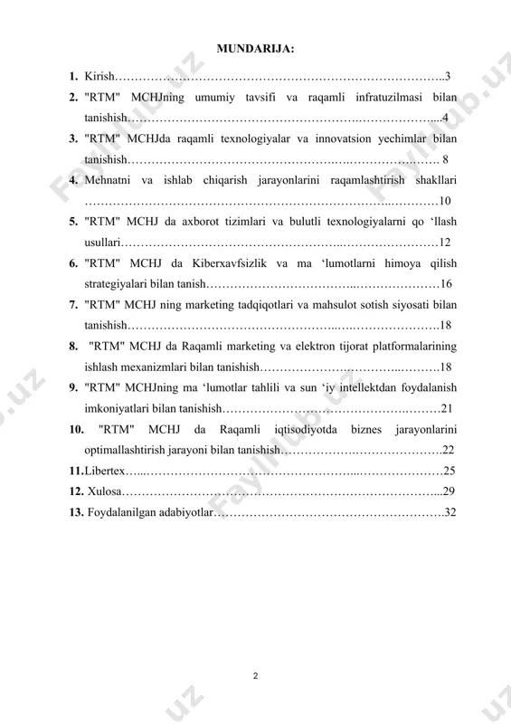 o‘rganish, o‘qitish va amaliyotda qo‘llashga xizmat qiluvchi muhim maskan hisoblanadi. mazkur amaliy hisobot "rtm" faoliyatini, uning maqsad va imkoniyatlarini hamda o‘zbekiston sharoitida shaxs, biznes va jamiyatga ko‘rsatgan ta’sirini chuqur tahlil qilishga qaratilgan. raqamli texnologiyalar markazi boy tarix va madaniy merosga ega o‘zbekiston markazida joylashgan bo‘lib, mamlakatni raqamli kelajakka yetaklashda muhim rol o‘ynaydi. raqamli texnologiyalarning salohiyatidan foydalanish va texnologik yutuqlarni rag‘batlantirish maqsadida "rtm" innovatsiyalar, hamkorlik va zamonaviy ko‘nikmalarni rivojlantirish uchun katalizator vazifasini bajaradi. hisobotda raqamli texnologiyalar markazining faoliyat yo‘nalishlari, maqsadlari, taqdim etayotgan dasturlari va xizmatlari bilan birga talabalar, tadqiqotchilar hamda sohaga oid mutaxassislar uchun mavjud imkoniyatlar keng yoritiladi. o‘zbekistonning o‘ziga xos sharoitlarini inobatga olgan holda, biz "rtm" milliy raqamli transformatsiya jarayoniga qo‘shayotgan hissasi, duch kelayotgan muammolari va mavjud imkoniyatlarini ko‘rsatishni maqsad qilganmiz. shuningdek, ushbu hisobot "rtm"ning mahalliy ekotizimga ta’sirini – raqamli iqtisodiyotning rivojlanishiga, tadbirkorlikni qo‘llab-quvvatlashga va yangi ish o‘rinlari yaratishdagi rolini ham ko‘rib chiqadi. intervyular, kuzatuvlar va tahlillar orqali biz "rtm"ning …