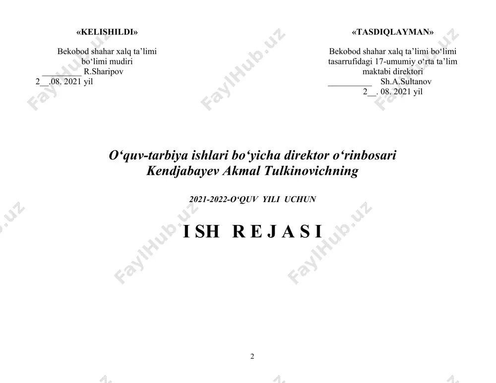 obini olish, ularni ta’limga qamrab olish ishlarini tizimli tashkillashtirish, kelgusi o‘quv yilida 1-sinfga kelishi kutilayotgan bolalar soni prognozini shakllantirish; ota-onalar uchun ma’lumotlar doskasini tayyorlash va kerakli ma’lumotlarni berish. 5 2021-2022 o‘quv yili uchun mo‘ljallangan dars jadvalini tuzish. 2021 yil 29-31 avgust o‘tibdo‘ dars jadvali tasdiqlangan tayanch o‘quv reja, tasdiqlangan tushuntirish xati va o‘quv dasturlari asosida tuziladi va ta’lim-tarbiya jarayoni tashkil etiladi. 6 maktab pedagogik kengashi qarori asosida metodik kengash yillik ish rejasini tuzish, kengash ishini sifatli tashkil etish 2021 yil avgust o‘tibdo‘ o‘zbekiston respublikasi xalq ta’limi vazirining 2016 yil 31 martdagi 3-mh-son buyrug‘i bilan tasdiqlangan “umumiy o’rta ta’lim muassasasi metodik kengashi to‘g‘risidagi namunaviy nizom” asosida faoliyat yuritish 7 maktab pedagogik kengashi qarori asosida metodbirlashmalar faoliyatini tashkil etish, metodik kengash tomonidan ish rejalarini tasdiqlash 2021 yil avgust o‘tibdo‘ o‘zbekiston respublikasi xalq ta’limi vazirligining 2011 yil 4 iyuldagi 144-sonli buyrug‘i bilan tasdiqlangan “umumiy o‘rta ta’lim maktabi fan metodbirlashmalari to‘g‘risida”gi nizom talablari asosida …