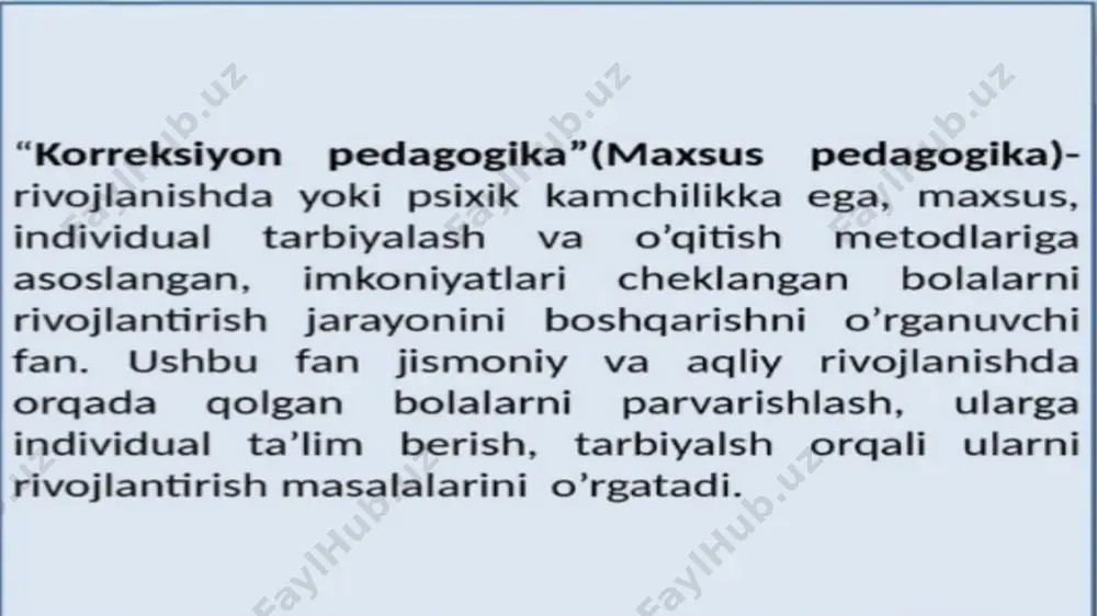 ishlab chiqish; - anomal bolalikning oldini olish bo’yicha profilaktik chora- tadbirlar tizimini ishlab chiqish; - anomal bolani rivojlantirish va uni ijtimoiylashtirish jarayonining samaradorligini oshirish. korreksion-pedaaogik faoliyat yaxlit ta’lim jarayonini qamrab oluvchi hamda murakkab psixofiziologik va ijtimoiy-pedagogik chora- tadbirlarning amalga oshirilishini nazarda tutuvchi pedagogik tizim. anomal bolaning rivojlanishi normal boladan ko’ra ko’proq darajada o’qitishga bog’liq. shuning uchun anomal bolalar o’qitilmasa yoki o’qitish kech boshlansa uning rivojlanishiga jiddiy zarar etkaziladi. psixik funktsiyalarning shakllanishi ortda qoladi, normal tengdoshlaridan ortda qolishi darajasi oshadi, nuqsonlar o’ta jiddiy bo’lsa aqliy rivojlanishi imkoniyatlari yuzaga chiqmay qolishi mumkin maxsus didaktikaning markaziy muammosi mehnat ta’limi va tarbiyasini tashkil etish masalasi hisoblanadi. maxsus maktablarda uni tashkil etish alohida ahamiyatga ega. binobarin, ushbu jarayonda o’quvchilar ijtimoiy hayot, shuningdek, imkoniyat darajasida kasbiy faoliyatga tayyorlash buzilgan funktsiyalarini tiklash, shuningdek, aqliy va jismoniy rivojlanish nuqsonlarining darajasini pasaytirishga yordam beradi. diagnostika korrektsion, korrektsion-rivojlantiruvchi, korrektsion- profilaktik faoliyatlar bilan birqatorda tarbiyaviy va korrektsion-o’qitish, psixokorrektsion faoliyatni ham amalga …