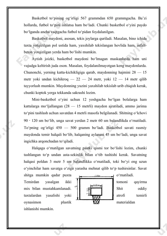 anib, uning aylanasi 1 m 80 sm dan iborat. basketbol o‘yinini boshlash doimo shu markaziy doiradan, ya’ni hakamning ikki jamoa o‘yinchilarining o‘rtasidan to‘pni tepaga otib berishidan boshlanadi. basketbol o‘ynaganda quyidagi sport kiyimi kiyiladi: mayka va trusi. maykaning ko‘krak va orqa qismida o‘yinchining tartib raqami tikilgan bo‘ladi. har bir jamoaning o‘z sardori bo‘lishi va uning o‘ziga xos belgilari bo‘lmog‘i lozim. har bir o‘quv mashg‘uloti boshlanishi oldidan sport kiyimlarining tayyorligi (ayniqsa, poyabzalning tagi yumshoq bo‘lishi)ni, taqilgan iðlarini ko‘rib chiqish kerak. oyoq kiyimiga, hatto kiyilgan paypoqqa alohida e’tibor berish (eng yaxshisi jun paypoq bo‘lsin) va u qulay bo‘lishi kerak. sport kiyimi toza bo‘lmog‘i zarur. basketbol o‘yini ochiq havoda, kun iliq paytlarda o‘tkazilsa, yengil kiyinish maqsadga muvofiq bo‘ladi. chunki o‘yin vaqtida kuchli harakatdan organizm qizib, kishi terlashi va kiyim nam bo‘lib ketishi mumkin. o‘yindan so‘ng birdaniga yechinib bo‘lmaydi, chunki shamollab qolish mumkin. mashg‘ulotda amal qilinadigan asosiy qoidalar mashg‘ulot boshlanishidan oldin tayyorlov mashqlarini bajaring, tanani …