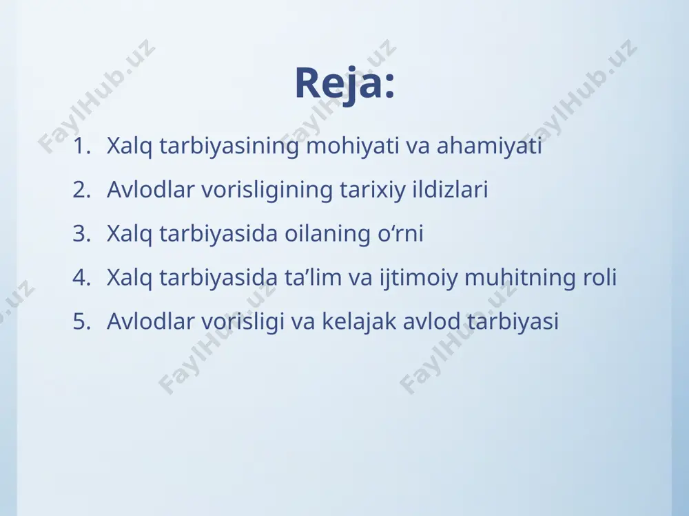 asalan, navro‘z bayrami, to‘y va marosimlarda milliy qadriyatlar yosh avlod ongiga singdiriladi. avlodlar vorisligi faqat tarixiy tajribani emas, balki ma’naviy barkamollikni ham ta’minlaydi. chunki o‘tgan ajdodlarning hayoti va faoliyati yoshlar uchun ibrat maktabidir. tarixiy merosni o‘rganish, uni asrab-avaylash va yangi avlodga yetkazish xalqning o‘zligini, milliy birlik va birdamligini saqlashga xizmat qiladi. shunday qilib, avlodlar vorisligi xalqning davomiyligini ta’minlaydigan kuchli vositadir. xalq tarbiyasida oilaning o‘rni xalq tarbiyasining eng muhim bo‘g‘ini bu — oiladir. chunki bola ilk qadriyatlarni, odob-axloqni, tilni, milliy urf-odatlarni oilada o‘rganadi. ota-ona farzand uchun eng birinchi ustoz va tarbiyachidir. oilada kattalarga hurmat, halollik, mehnatsevarlik, mehr-oqibat kabi qadriyatlar bolaga singdiriladi. xalqimizda “farzand tarbiyasi bevosita ota-onaning burchi” degan qarash mavjud. shu sababli ota-onalar bolaga faqat moddiy sharoit yaratib bermasdan, balki uni ma’naviy jihatdan ham yetuk qilib tarbiyalashlari lozim. oila orqali shakllangan qadriyatlar keyinchalik maktabda va ijtimoiy muhitda davom ettiriladi. shu jarayonda bola o‘z xalqining madaniyati va tarixiy merosini o‘zlashtiradi. oiladagi xalq …