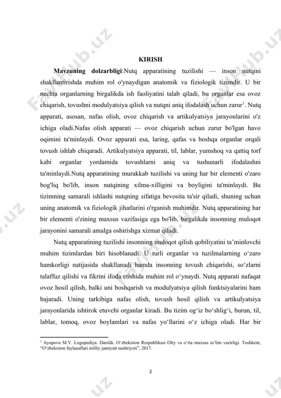 ik jihatlarini o'rganish muhimdir. nutq apparatining har bir elementi o'zining maxsus vazifasiga ega bo'lib, birgalikda insonning muloqot jarayonini samarali amalga oshirishga xizmat qiladi. nutq apparatining tuzilishi insonning muloqot qilish qobiliyatini ta’minlovchi muhim tizimlardan biri hisoblanadi. u turli organlar va tuzilmalarning o‘zaro hamkorligi natijasida shakllanadi hamda insonning tovush chiqarishi, so‘zlarni talaffuz qilishi va fikrini ifoda etishida muhim rol o‘ynaydi. nutq apparati nafaqat ovoz hosil qilish, balki uni boshqarish va modulyatsiya qilish funktsiyalarini ham bajaradi. uning tarkibiga nafas olish, tovush hosil qilish va artikulyatsiya jarayonlarida ishtirok etuvchi organlar kiradi. bu tizim og‘iz bo‘shlig‘i, burun, til, lablar, tomoq, ovoz boylamlari va nafas yo‘llarini o‘z ichiga oladi. har bir komponent o‘ziga xos vazifaga ega bo‘lib, ularning muvofiqligi aniq va ravon nutqni shakllantirishga xizmat qiladi. nutq apparati tuzilishini o‘rganish fonetika, lingvistika va tibbiyot sohalarida katta ahamiyatga ega bo‘lib, nutqning shakllanishi va uning buzilishlarini tushunishda muhim rol o‘ynaydi. kurs ishining maqsadi:nutq apparatining tuzilishini o'rganishning maqsadi bir …