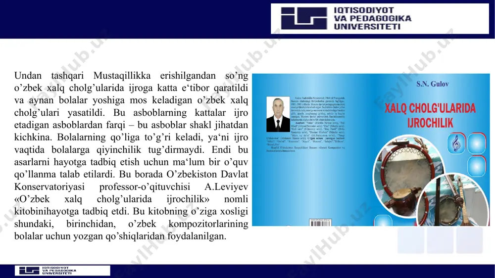 n bolg’asimon cholg’u. bolg’a dasta va havo to’ldirilgan tovush chiqaradigan asosdan tashkil topgan. bu o’yinchoq – cholg’u kichik guruh bolalarida kata qiziqish uyg’otadi. undan tashqarii o’rta guruh bolalarida ritmni his qilishga o’rgatadi. damli cholg’ular damli cholg’ularga klarnet, saksofon kabilar kiradi. ularda ijro etishni individual tarzda o’zlashtiriladi. damli garmonika. bu asbobda tovush hosil qilish uchun puflab klavishlarini bosish bilan chalinadi. asbob 6-7 yoshli bolalarga mo’jlallangan. triola asbobi. rang-barang klavishlarga ega bo’lgan bolalar musiqa cholg’usi. bu asbobda puflash bilan birga klavishlarini bosib tovush chiqariladi. bu asbob yoqimliligi bilan boshqa asboblardan farq qiladi. bolalar bilan ishlash jarayonida musiqiy o’yinchoqlardan foydalaniladi. masalan surnaycha va boshqa o’yinchoqlar asboblarga nisbatan qiziqish uyg’otadi. bolalar bilan turli didaktik o’yinlarda cholg’ularni qo’llash mumkin. masalan, urma zarbli cholg’ular bolalarda katta qiziqish uyg’otadi. bolalarda ritmni his qilish tuyg’usini rivojlantirish aynan shu yoshdan boshlash kerak. turli zarbli urma cholg’u o’yinchoqlardan foydalanib, ritmning aniqijrosiga erishish maqsadga muvofiqdir. o’rta yoshda ijro etish o'rta guruh …
