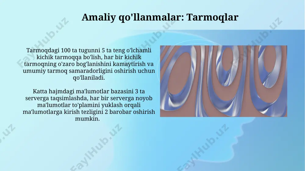 iq qismlarga ajratadi, bu jarayon to'plamning kerakli miqdordagi kichik to'plamlarga bo'linishiga olib keladi. iterativ bo'linish usullarida, masalan, k-o'rtacha algoritmida, ma'lumotlar to'plami 2 yoki undan ortiq kichik to'plamlarga, har bir to'plamning markaziy nuqtasidan masofaga asoslangan holda, iterativ ravishda bo'linadi. rekursiv bo'linish usullari rekursiv usullar yordamida to'plamni bo'lish jarayoni, har bir qadamda to'plamni ikkiga bo'lish orqali amalga oshiriladi, natijada logarifmik murakkablikka ega bo'lgan algoritm hosil bo'ladi. log 2 n qadamlar talab etiladi. rekursiv bo'linish usullari, masalan, ikkilik daraxt yordamida, n ta elementdan iborat to'plamni 2 k ta qism to'plamga bo'lish imkonini beradi, bu yerda k butun son va 2 k ≥ n. har bir qism to'plam o'ziga xos elementlarga ega bo'ladi. qisman tartiblangan to'plamlar qisman tartiblangan to'plamlarda elementlar orasidagi munosabatlar to'liq emas, ya'ni har qanday ikkita element uchun ularning o'zaro taqqoslanishi har doim ham mumkin emas; masalan, 5 elementli to'plam 2 10 ta qisman tartibga ega bo'lishi mumkin. qisman tartiblangan to'plamlarning asosiy …
