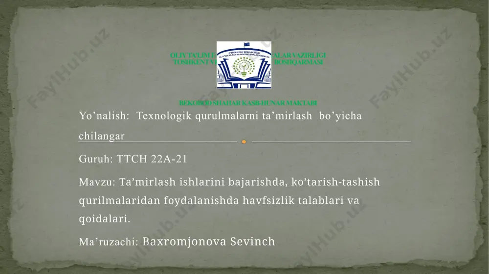 ) taqiqlanadi. istisno-muzlatilgan yoki tiqilib qolgan yuklarni yirtib tashlash uchun ishlatilishi mumkin bo'lgan qo'l jaklari. ko'tarish mexanizmlari bilan ishlashda baxtsiz hodisalarning oldini olish uchun quyidagi asosiy qoidalarga rioya qilish kerak: barcha ko'tarish mexanizmlari va moslamalariga faqat yaxshi holatda ishlashga ruxsat beriladi. tormoz moslamalari va ko'tarish arqonlarining sog'lig'ini ayniqsa diqqat bilan tekshirish kerak. mexanizmning sog'lig'ini muntazam tekshirish mexanik tomonidan kamida 10 kunda bir marta amalga oshiriladi. yuk ko'tarish mexanizmlari bilan ishlashda ulardan foydalanish qoidalariga va ulardan foydalanish paytida xavfsizlik qoidalariga qat'iy rioya qilish kerak. ikkinchisi: har bir mashinada osib qo'yilishi kerak. yuk ko'tarish mexanizmlari va moslamalarida ularning yuk ko'tarish qobiliyatini ko'rsatadigan yozuvlar, jadvallar va teglar bo'lishi kerak ko'tarilgan yuk ostida bo'lish; yuk ko'tarish mexanizmlaridan foydalanishda taqiqlanadi: yo'lda mexanizmdagi nosozliklarni bartaraf etish;qattiq tormozlash;og'irligi mexanizmning yuk ko'tarish qobiliyatidan yuqori bo'lgan yukni ko'tarish (ko'chirish) ; yuk bilan yuklangan mexanizmni nazoratsiz qoldiring;ishdagi tanaffuslar paytida yukni og'irlikda qoldiring. qurilmalar va xavfsizlik qurilmalarining ishlamay qolishi yoki yo'qligi;kran …