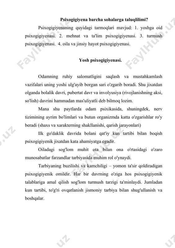 lik, taksikomaniyalar va x.k. turmush psixogigiyenasi ushbu zararli omillarga qarshi psixogigiyenik chora-tadbirlar ishlab chiqishi kerak. bugungi kunda kishilar hayotida televideniya, internet va radioning ta'sirini o'rganish psixogigiyenada dolzarb muammo bo'lib qolmoqda. o'zaro normal insoniy munosabatlarning psixoprofilaktik ahamiyati benihoya katta. ruhiy shikastlarni bartaraf etadigan hamma omillar ruhiy sog'lomlikni saqlash va psixik kasalliklarning olidini olishga imkon beradi. shahar sharoitlarida ishlab chiqarish, tarnspopt, radio, televizor va musiqa asboblaridan chiqadigan shovqin odamga patogen ta'sir qiladi. unga qarshi kurash jiddiy psixogigiyenik tadbirlardan biri hisoblanadi. jinsiy tarbiya qay tarzda berilishi kerak? oila va jinsiy hayot psixogigiyenasi oilaning mustahkamligi sevgi, muhabbat, do'stlik oiladagi katta yoshdagi kishilarning bir-biriga o'zaro hurmati, kichiklarga nisbatan shavqatliligi, oiladagi manfaatlarning umumiyligi, ularning o'zaro munosabatlarda zarur paytlarda kechirimli bo'lishlari baxtiyor oila vujudga kelishiga yordam beradi. oiladagi mavjud an'analar, urf-odatlar rasm-rusmlar va marosimlarning ijobiy ta'sirida yigit qizlar asta-sekin kamol topib boradilar. yoshlarni turmush qurishga muvaffaqiyatli tayyorlashni ko'zlab ish tutish uchun o'spirin yigit va qizlarning jinsiy tarbiyasini …