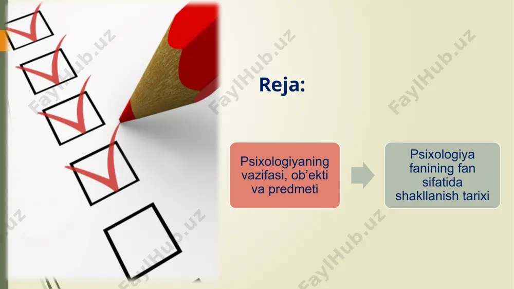 i determinizm tamoyili. bu tamoyilga binoan psixika yashash sharoiti bilan belgilanadi. yashash sharoitining o‘zgarishi bilan psixika ham o‘zgaradi. inson tug‘ilgandan keyin qanday sharoitda yashasa, unga yashash muhiti qanday ta’sir qilsa, qanday ta’lim-tarbiya olsa u shu sharoit, muhitda shakllanadi, uning ongi ham shu muhit ta’sirida rivojlanadi. ong va faoliyatning birligi tamoyili bu tamoyilga binoan ong va faoliyat bir-biriga qarama-qarshi ham emas, aynan bir narsa ham emas, ular bir butunlikni tashkil qiladi. inson faoliyat ko‘rsatar ekan uning mazmunini, motivlarini, qanday bajarish kerakligini ongida rejalashtiradi va ular yordamida tevarak-atrofni qurshab olgan muhit bilan munosabatga kirishadi. psixika va ongning faoliyatda taraqqiy etishi tamoyili bu tamoyilga binoan psixika va ong faoliyatda rivojlanadi hamda u faoliyat natijasidir. insonning psixik taraqqiyoti o‘yin, o‘qish va mehnat faoliyati bilan bog‘liqdir. bu faoliyatlarsiz psixik taraqqiyotni tasavvur qilish mumkin emas. psixologiya tarixi psixologiya tarixi — bu avvalo insoniyat tomonidan hayvonlaiga va insonga xos bo’lgan psixik hayot hodisalari haqidagi bilimlarning asta-sekin to‘planib …