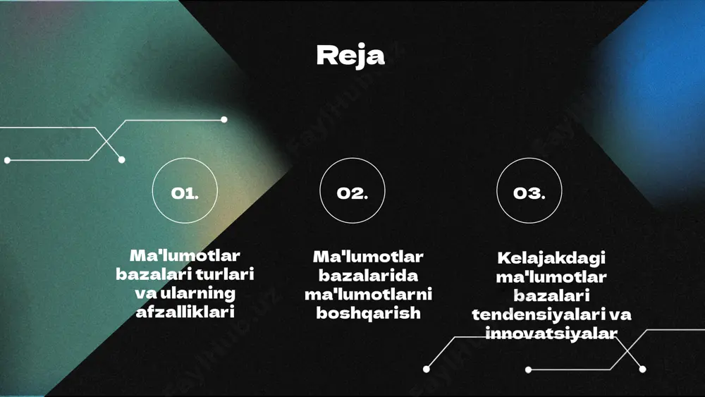 i tanlash maqsadga muvofiqdir. mashhur nosql ma'lumotlar bazalari mongodb va cassandra eng mashhur nosql ma'lumotlar bazalaridan hisoblanadi. mongodb hujjatga asoslangan, foydalanish uchun qulay va keng tarqalgan; cassandra esa yuqori darajadagi mavjudlik va tarqatilgan arxitekturaga ega. nosql ma'lumotlar bazalarining kelajagi nosql ma'lumotlar bazalari big data va real vaqtda ma'lumotlarni qayta ishlashda muhim rol o'ynaydi. ular kelajakda ham ko'plab sohalarda, jumladan, moliya, sog'liqni saqlash va e-tijoratda keng qo'llanilishi kutilmoqda. ma'lumotlar bazalarida ma'lumotlarni boshqarish ma'lumotlar bazasi – bu ma'lumotlarni tartibga solish va boshqarish uchun mo'ljallangan tizimdir. u ma'lumotlarni saqlash, qidirish va qayta ishlashda muhim rol o'ynaydi. ma'lumotlar bazalarini boshqarish jarayonlari quyidagilarni o'z ichiga oladi: - ma'lumot qo'shish: yangi ma'lumotlarni bazaga kiritish. - ma'lumotlarni o'zgartirish: mavjud ma'lumotlarni yangilash va tahrir qilish. - ma'lumotlarni o'chirish: keraksiz yoki eski ma'lumotlarni bazadan olib tashlash. ma'lumotlar bazasini boshqarishning afzalliklari: - tezkor qidiruv: kerakli ma'lumotlarni tezda topish imkoniyati. - ma'lumotlar xavfsizligi: ma'lumotlarning saqlanishi va himoyalanishi. - ma'lumotlarni markazlashtirilgan boshqarish: …