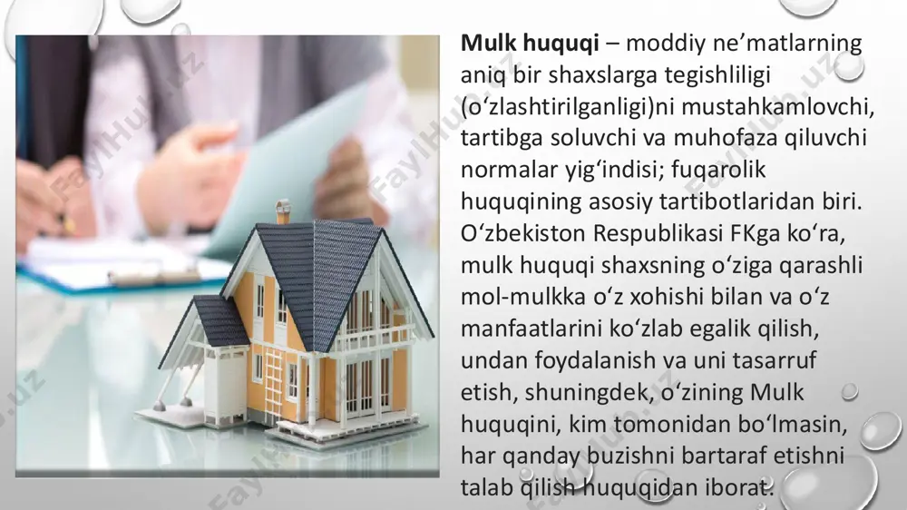 ro‘yxatidan o‘tkazilishi lozim bo‘lgan avtomototransport vositalarining oldi-sotdi shartnomasi notarial tasdiqlangan bo‘lishi kerak, o‘zbekiston respublikasi hukumati tomonidan belgilangan hollar bundan mustasno. shartnoma, agar qonunda boshqacha hol belgilangan bo‘lmasa yoki u tovarning xususiyatidan kelib chiqmasa, shartnomani tuzish paytida sotuvchida mavjud bo‘lgan tovarni, shuningdek kelajakda sotuvchi yaratadigan yoki oladigan tovarni olish-sotish haqida tuzilishi mumkin. agar shartnoma tovarning nomi va miqdorini aniqlash imkonini bersa, tovar to‘g‘risidagi oldi-sotdi shartnomasining sharti kelishilgan hisoblanadi. agar oldi-sotdi shartnomasida boshqacha tartib nazarda tutilgan bo‘lmasa, sotuvchi sotib oluvchiga ashyoni berish bilan bir vaqtda unga mansub ashyoni, shuningdek qonunchilikda yoki shartnomada nazarda tutilgan ashyoga aloqador hujjatlar (texnik pasporti, sifat sertifikati, foydalanish bo‘yicha yo‘riqnoma va hokazolar)ni topshirishi shart eʼtiboringiz uchun rahmat tayyorladi soporboyev jaloliddin slide 1 slide 2 slide 3 slide 4 slide 5 slide 6 slide 7 slide 8 slide 9 slide 10 slide 11 slide 12 slide 13 slide 14 slide 15 slide 16 slide 17 slide 18 slide 19 …