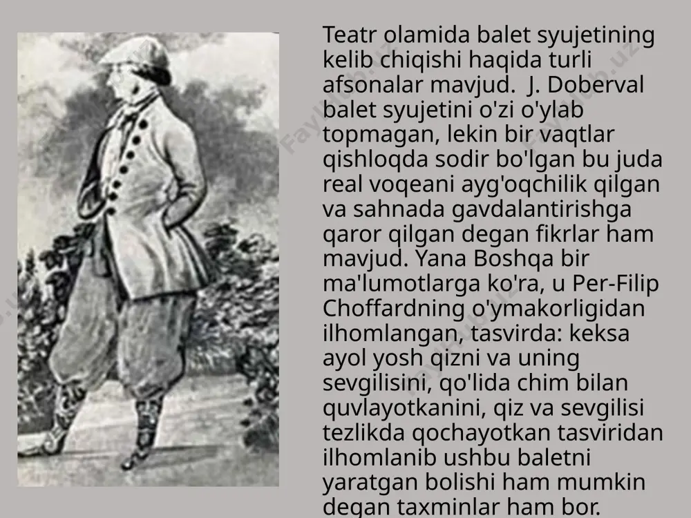 hidagi maktab bo'lgan mashhur la fille mal gardee baletining o'z versiyasini sahnalashtirdi 1990-yillar - leningrad maliy (hozirgi mixaylovskiy) opera va balet teatri. rejissyor n. lizaning leningrad va moskvadagi partiyasini ham e.lyukom, m.kojuxova, e.smirnova, t.vcheslova, m.semyonova, o.lepeshinskaya, r.struchkova, l.lejnina, m.kullik ijro etishdi marselin qismi - v. geltser, v. ryabtsev, t. stukolkin, v. tsaplin, a. chekrygin, g. yanin, a. domashev va boshqalar. 2001 yil 30 may - musiqali teatr. k. s. stanislavskiy va v. i. nemirovich-danchenko, moskva; l. gerold musiqasi bilan. rejissyor o. vinogradov. 2002 yil 29 yanvar - katta teatr, moskva; l. gerold musiqasi bilan. xoreografiya f. eshton. 2012 yil - samara akademik opera va balet teatri, umumiy yangilanish. xoreograf-rejissyor - kirill taxminan 46 xil musiqa, jan dobervalning birinchi asari asosida yaratilgan. e'tiboringiz uchun rahmat! image1.jpeg image2.jpeg image3.jpeg image4.jpeg image5.jpeg image6.jpeg image7.jpeg