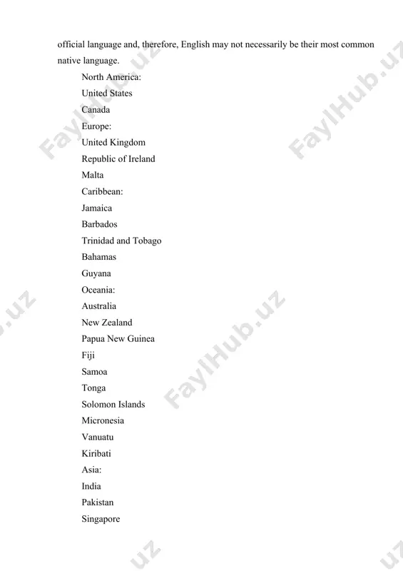 e noted that some of the countries listed have more than one official language and, therefore, english may not necessarily be their most common native language. north america: united states canada europe: united kingdom republic of ireland malta caribbean: jamaica barbados trinidad and tobago bahamas guyana oceania: australia new zealand papua new guinea fiji samoa tonga solomon islands micronesia vanuatu kiribati asia: india pakistan singapore philippines sri lanka malaysia africa: south africa nigeria cameroon kenya zimbabwe ghana rwanda sudan botswana ethiopia how english spread around the world the english language originated in britain and the ever-expanding british empire spread modern english around the world during the 18th and 19th centuries. this is why many of the countries where english is an official language were former british colonies, including canada, australia, south africa and the united states. english is also widely spoken in india and in parts of africa. although hindi …