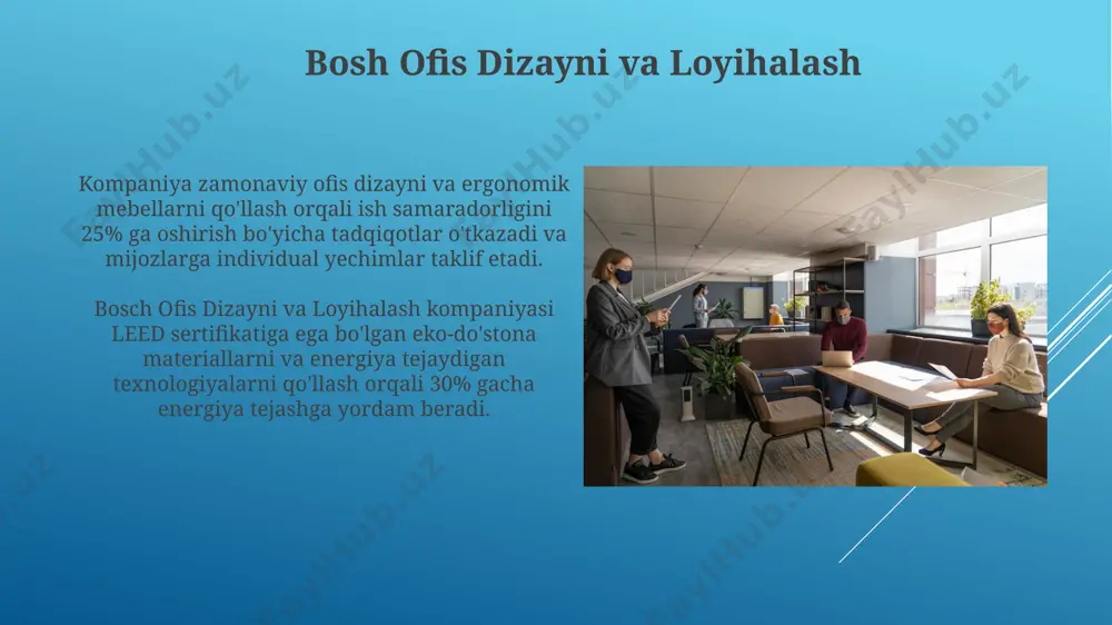 vaqtida amalga oshirish orqali, yuqori darajadagi soliq intizomiga erishishga yordam berdi. bosh ofis va filiallar o'rtasidagi aloqa filiallar bosh ofisdan olingan 5 ta asosiy ko'rsatkichni muntazam ravishda hisobot qiladilar, bu esa strategik qarorlar qabul qilish uchun aniq ma'lumotlarni ta'minlaydi. bosh ofis va filiallar o'rtasidagi ma'lumot almashinuvi crm tizimi orqali amalga oshiriladi, bu esa ma'lumotlarning aniqligi va tezkorligini ta'minlaydi va xatoliklarni 30% ga kamaytiradi. bosh ofisning kelajagi va taraqqiyoti bosch ofislarining kelajagi, 2030-yilga kelib, 70% gacha masofadan ishlash imkoniyatini o‘z ichiga oladi, bu esa energiya sarfini 30% ga kamaytiradi va ish samaradorligini oshiradi. zamonaviy bosch ofislarida "smart office" texnologiyalari, jumladan, avtomatlashtirilgan yoritish va iqlim nazorati tizimlari qo'llaniladi, bu esa 15% ga energiya tejovchi bo'ladi. e'tiboringiz uchun rahmat @taqdimot_robot image1.jpg image2.jpg image3.jpg image4.jpg image5.jpg image6.jpg image7.jpg image8.jpg image9.jpg image10.jpg image11.jpg image12.jpg