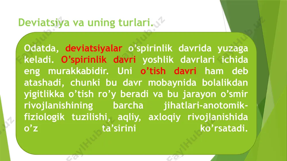 quyidagi turlari mavjud: -agressiv xulq-atvor: bunga haqoratlash, o’t qo’yish; - g’arazli xulq-atvor: kichik o’g’riliklar, ta’magirlik, avtoulovlarni olib qochish va moddiy daromad olish maqsadidagi boshqa mulkiy tajovuzlar; -giyohvand moddalarni yetishtirish va tarqatish. jinoiy xatti-harakat jinoiy javobgarlikka tortishga, ma’lum yoshga yetganda jinoiy ish qo’zg’ashga sabab bo’luvchi va jinoyat kodeksining muayyan moddalarida nazarda tutilgan g’ayrihuquqiy xatti-harakatlar hisoblanadi. deviatsiyaning salbiy turlari ijtimoiy potologiya hisoblanadi. bularga aroqxo’rlik, toksikomaniya, giyohvandlik, fohishabozlik, o’z joniga qasd qilish, huquqbuzarlik jinoyatchilik /docprops/thumbnail.jpeg
