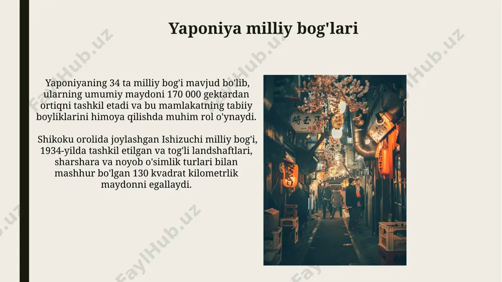 o shahrida joylashgan elektronika giganti panasonic kompaniyasi 2022 yilda 5g texnologiyasiga asoslangan yangi avlod sensorlarini ishlab chiqardi va ularni yaponiyaning 15 ta yirik shahariga yetkazib berdi. yaponiya bilan aloqalar yaponiya xalqaro hamkorlik agentligi (jica) o'zbekistonda 30 dan ortiq loyihani, jumladan, sog'liqni saqlash va infratuzilmani rivojlantirish bo'yicha dasturlarni amalga oshirdi, samarqand viloyatida katta yordam ko'rsatdi. yaponiya bilan savdo hajmi 2022-yilda 2 milliard aqsh dollaridan oshdi, asosan avtomobil, elektronika va to'qimachilik mahsulotlari almashinuvi hisobiga toshkent va osaka shaharlari o'rtasidagi aloqalarni kuchaytirdi. yaponiya oshxonasi yaponiyaning turli mintaqalarida, masalan, xokkaydo orolida dengiz mahsulotlaridan tayyorlangan 500 dan ziyod turdagi sushi retseptlari mavjud. yaponiya oshxonasida 7000 dan ortiq turdagi guruchdan tayyorlangan taomlar mavjud boʻlib, ularning koʻpchiligi kyotuda va uning atrofidagi hududlarda keng tarqalgan. e'tiboringiz uchun rahmat @taqdimot_robot image1.jpg image2.jpg image3.jpg image4.jpg image5.jpg image6.jpg image7.jpg image8.jpg image9.jpg image10.jpg image11.jpg image12.jpg image13.jpg image14.jpg image15.jpg image16.jpg image17.jpg