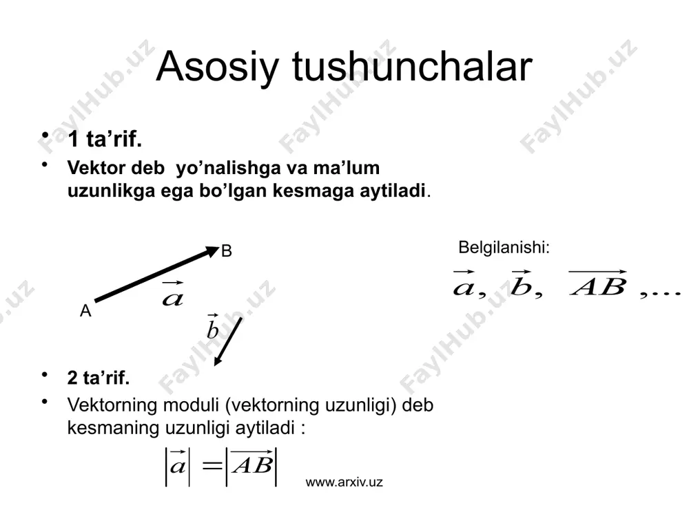l bo’yicha teng, bo’lganda yo’nalishi vektor kabi, bo’lganda yonalishi vektorga qarama-qarshi bo’lgan vektorga aytiladi www.arxiv.uz vektorlar ustida amallar misol. vektor berilgan. quyidagi vektorlarni yasang: yasash: teorema. bo’lsin. va vektorlar kollinear bo’ladi faqat va faqat, shunday o’zgarmas son topilib, bo’lsa www.arxiv.uz amallarning asosiy xossalari 1. 2. 3. 4. 5. 6. xar bir xossa mustaqil isbotlansin.. www.arxiv.uz vektorlarning yo’yilmasi 1-teorema. va vektorlar nokollenear komplanar vektorlar bo’lsin. u holda shunday va topiladiki, bunday yoyilma yagonadir. isbot. www.arxiv.uz vektorlarning yo’yilmasi vektorlarning ortlar bo’yicha yoyilmasi. 1-ta’rif. vektorning orti deb uzunligi birga yo’nalishi vektor yo’nalisi kabi bo’lgan vektorga aytiladi. www.arxiv.uz vektorlarning yo’yilmasi to’g’ri burchakli koordinatalar sistemasini qaraymiz. 3-teorema. fazoda ixtiyoriy vektorni ortonormal bazislar bo’yicha yoyish mumkin : bunday yoyilma yagonadir. x y z 0 - x, y, z oqlar yo’nalishi bo’yicha birlik vektorlar (ortlar). 2-ta’rif. vektorlar uchligiga fazoda ortonormallangan bazis deb ataladi. www.arxiv.uz vektorning proyeksiyalari vektorni va o’qni qaraymiz . ta’rif. vektorning o’qga proyeksiyasi deb, shu …