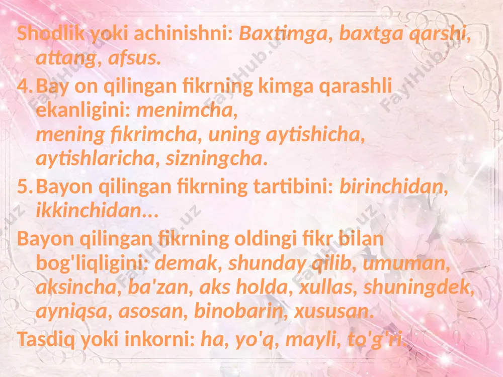 nardi (o.).qabulxona - bu yer ilgari katta boyning mehmonxonasibo'lgan bo'lsa kerak - qorong'i edi.f'o.) kiritma gaplarning tuzilish jihatdan turlari: 1) bir bosh bo'lakh: u vogini so'rasang, aytaymi, men bunga rozi emasman. 2) ikki bosh bo'lakli: ibrohimov, qurbon ota aytmoqchi, gullarni o'z ilmidan bahramand qildl image1.jpeg