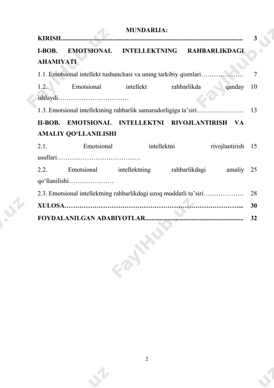 ing o‘ziga xos psixologik xususiyatlari, ishga yondashuvi va munosabati mavjud bo‘lib, ularni tushunish va to‘g‘ri boshqarish orqali yuqori natijalarga erishish mumkin. aynan shuning uchun ham emotsional intellekt bugungi rahbarning eng muhim sifatlaridan biri sifatida qaralmoqda. o‘zbekiston respublikasi prezidentining so‘nggi qaror va farmonlari ham aynan rahbarlarning shaxsiy va kasbiy rivojlanishini, emotsional kompetensiyalarini oshirishni maqsad qilgan. jumladan, 2023-yil 21-avgust kuni qabul qilingan “davlat fuqarolik xizmati to‘g‘risida”gi qonunda rahbarlik lavozimlariga tayinlanayotgan xodimlar uchun malaka va axloqiy mezonlar aniq belgilandi. unda rahbar shaxsida empatiya, jamoada ishlash qobiliyati, stressga chidamlilik, nizolarni hal eta olish ko‘nikmalari mavjud bo‘lishi lozimligi ta’kidlab o‘tildi. bu esa to‘g‘ridan-to‘g‘ri emotsional intellekt tushunchasiga kiradi. shuningdek, prezidentning 2022-yil 7-apreldagi pf-101-sonli farmonida rahbar kadrlar uchun “yetakchilik maktablari”ni tashkil etish, ularni zamonaviy boshqaruv, psixologiya, kommunikatsiya va emotsional intellekt bo‘yicha tayyorlash belgilandi. bu maktablar orqali davlat boshqaruvi tizimida yangi avlod rahbarlarini tarbiyalash, ularning shaxsiy salohiyatini kengaytirish rejalashtirilgan. yana bir muhim hujjat — 2024-yil 28-fevraldagi “pedagog va …