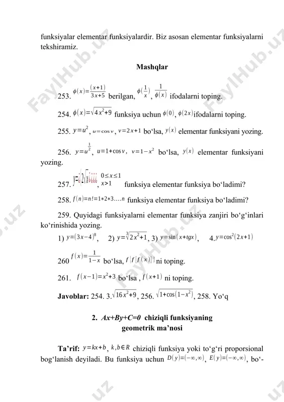 chiziqning burchak koeffitsiyentli tenglamasi deyi-ladi. to‘g‘ri chiziqning burchak koeffitsiyenti deyiladi: k>0 bo‘lsa, to‘g‘ri chiziq ox o‘qining musbat yo‘nalishi bilan o‘tkir burchak hosil qiladi, k 0 bo‘lganda a 0 bo‘lganda 8 tarmoqlari yuqoriga yo‘naltirilgan paraboladan iborat. 22-rasmda parabolaning grafigi tasvirlangan parabolaning grafigi -2 2 funksiyaning grafigini ox o‘qiga 0 x nisbatan akslantirishdan hosil bo‘ladi (22-rasm). 22- rasm. keltirilgan grafiklardan foydalanib, ning grafigini yasash mumkin bo‘ladi. buning uchun ning grafigini oy o‘qi yo‘nalishi-da c birlikka yuqoriga, agar c>0 bo‘lsa, va c birlikga pastga, agar c 0 k £ - = = 0 0 | | x x x x x y | | x y = ; 2 3 1 ) 3 ; 5 4 ) 2 ; 3 2 ) 1 - = - = + = x y x y x y ; 3 ) 6 ; 2 ) 5 ; 1 3 2 ) 4 x y x y …