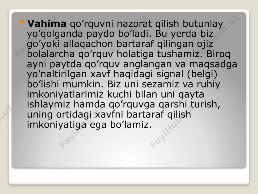 isbatan paydo bo’ladi. bu himoya mexanizmi ko’proq fobiyalarda namoyon bo’lib, har qalay qattiqqo’l ota oldida qo’rquv paydo bo’lmasligiga erishadi, agar bola itga duch kelmasa, u qo’rquvdan butunlay ozod bo’ladi. aralashtirib yuborish ko’proqtushda sodir bo’ladi, bunda ong uchun iztirobli bo’lgan mazmun birmuncha yengilroq narsaga suriladi. lekin hayotda bu mexanizm ko’p qo’llaniladi, biz o’zimiz uchun yoqimsiz bo’lgan ismni unutamiz, biron narsani “yo’qotib qo’yamiz”, bilmay gapirib yuboramiz va hokazo. yana bir himoya mexanizmi – proyeksiya, tasvirni ko’chirish – bu yerda qo’rquvni boshqa obyektga yo’naltirish. bu mexanizm shundan iboratki, biz o’zimiz uchun noxush instinktiv mayllardan himoyalanish uchun ularni oddiygina qilib boshqa odamlarga proyeksiya qilamiz, o’zimizdan uzoqlashtiramiz. bunda biz o’zimiz maylimizni proyeksiya qilgan odamimizni haqiqatda qanday bo’lsa shunday emas, balki o’zimizning tasavvurimizga mos holda idrok qilamiz. himoyaning bu mexanizmi eng ko’p tarqalgan: proyeksiya vositasida o’zgargan boshqa odam haqidagi idrok, proyeksiya jarayoni anglangandan so’ng o’z shaxsi idrokining o’zgarishiga to’la mos kelishi kerak, chunki proyeksiya qilgan shaxs …