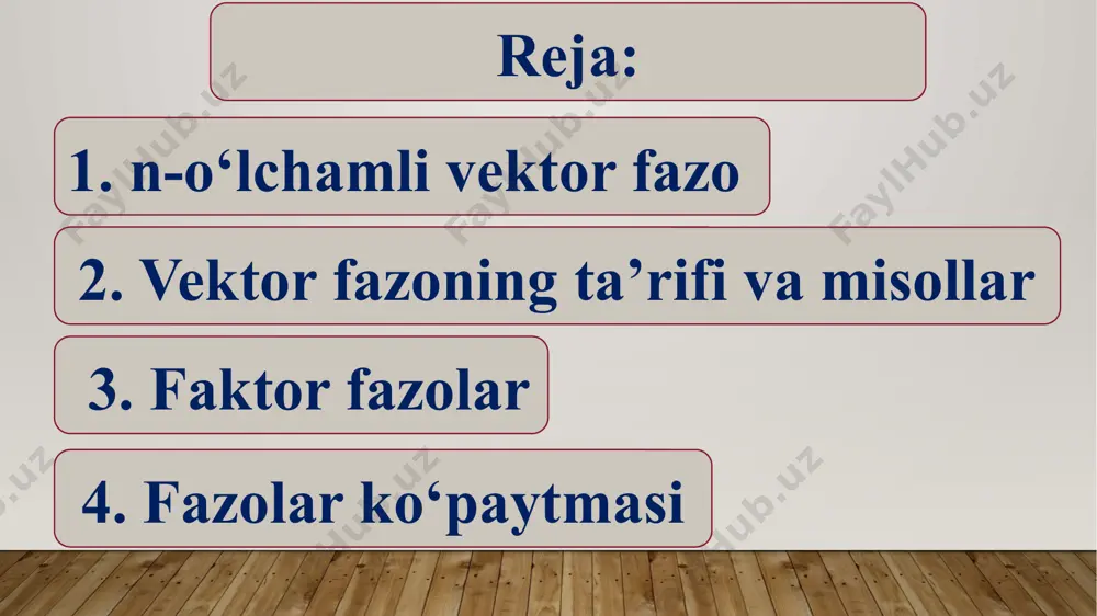 ma-qarshi vektor deyiladi. ravshanki, = . demak, kiritilgan qo‘shish amaliga nisbatan n o‘lchamli vektorlar kommutativ gruppa hosil qiladi. vektorlar ustida yana bir amal kiritamiz. a vektorning  haqiqiy songa ko‘paytmasini quyidagicha aniqlaymiz: = haqiqiy sonlarni ko‘paytirish amalining xossalaridan kiritilgan amalning quyidagi xossalari kelib chiqadi: 3) 4) 5) 6) ; 7) bu yerda a, b,  —vektorlar,   , , 0, 1 - haqiqiy sonlar. berilgan n natural son uchun hamma n o‘lchamli vektorlar to‘plami (kiritilgan amallar bilan birgalikda) n o‘lchamli vektor fazo deyiladi va bilan belgilanadi. xususan, n=2 va n=3 bo‘lganda yuqorida kiritilgan qo‘shish amali vektorlarning “parallelogramm” qoidasi bo‘yicha geometrik qo‘shish bilan ustma-ust tushadi. a vektorning songa ko‘paytirish amali esa quyidagi ma’noga ega. agar >0 bo‘lsa, bu amal vektorning uzunligini  marta orttiradi. agar <0 bo‘lsa, bu amal vektorning uzunligini | | marta orttirib, yo‘nalishini teskarisiga almashtiradi. agar n=1 bo‘lsa, vektor bir koordinata bilan aniqlanadi va bunda vektorlar ustida …