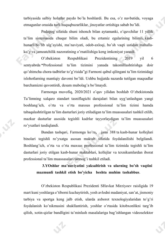 bilan birga, o’quvchilarda kasblarga bo’lgan qiziqishni oshirish, kasblar to’g’risidagi ma’lumotlarni uzluksiz etkazish maqsadida ular umumta’lim maktablarining 1-sinfidan boshlab kasbga yo’naltirilib boriladi. 8-9-sinflarda esa kasbga yo’naltirish alohida fan sifatida o’qitiladi. ilgari 9-sinfni tamomlayotgan o’quvchilarda qaysi kollejda o’qishni davom ettirish borasidagi savol ko’ndalang turardi. ba’zilari majburlikdan u, yoki bu kollejlarga “adashib” borib qolardi. oxir oqibat ularning bilim olishida, ham tarbiyasida salbiy holatlar paydo bo’la boshlardi. bu esa, o’z navbatida, voyaga etmaganlar orasida turli huquqbuzarliklar, jinoyatlar ortishiga sabab bo’ldi. pedagog sifatida shuni ishonch bilan aytamanki, o’quvchilar 11 yillik ta’lim sistemasida chuqur bilim oladi, bu ertamiz egalarining bilimli, kasb-hunarli bo’lib ulg’ayishi, ma’naviyati, odob-axloqi, bo’sh vaqti ustidan mahalla-ko’y va jamoatchilik nazoratining o’rnatilishiga keng imkoniyat yaratdi. o’zbekiston respublikasi prezidentining 2019 yil 6 sentyabrda “professional ta’lim tizimini yanada takomillashtirishga doir qo’shimcha chora-tadbirlar to’g’risida”gi farmoni qabul qilingani ta’lim tizimidagi islohotlarning mantiqiy davomi bo’ldi. ushbu hujjatda nazarda tutilgan maqsadlar barchamizni quvontirdi, desam mubolag’a bo’lmaydi. farmonga muvofiq, 2020/2021 o’quv yilidan …