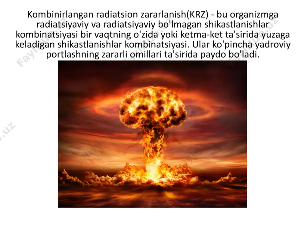 sindromi xarakterli, natijada patologik jarayon ancha og‘ir kechadi, kasalliklar aloxida kechgandagiga nisbatan kuzatilganda. krsh klinik kechishi dinamikasida ajratish mumkin; - o ‘tkir davr yoki nurlanish va jarohatga birlamchi reaksiya davri; - mexanik jarohat yoki kuyish belgilari etakchilik davri; - tiklanish davri. krsh bilan shikastlanganlarga tibbiy yordam ko‘rsatish umumiy taktikasi usullari va dori darmonlami kompleksli qoulashdan iborat bo‘lib xar qaysi turdagi shikastlanish uchun zarur davo ko‘rsatiigan tibbiy evakuatsiya bosqichida o ‘tkaziladi. bunda shifokor yordami shunday tashkil qilinadiki kombinatsiyalangan jarohat turi, og‘irligi va kechish davri inobatga olinadi, shuningdek nurlanishsiz shikastlanishlar joylashishi xam. o’tkir davrda o‘tkaziladigan tadbirlar etakchi nurlanishsiz jarohatlarga qaratiladi, asosan xayot uchun xavfli xollarda davolashga kuyish va karaxtlikni davolashga, shoshihnch jarrohlik amaliyotlariga, qon oqishni to‘xtatishga va x.k.). bir davrni o‘zida birlamchi reaksiyani bartaraf qilishga qaratilgan choralar ko‘riladi va antibiotiklar yordaimida nurlanishli va nurlanishsiz shikastlanislilar asoratlarini oldini olishga tadbir o‘tkaziladi. jarohat va kuyishlar klinik belgilari yetakchilik qilgan davrda mexanik shikastlanishlar (yaraga va …