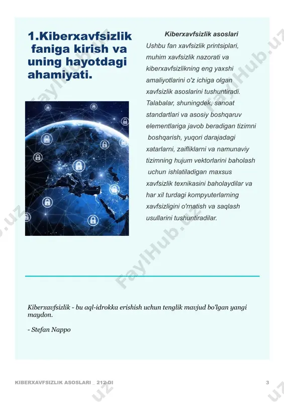 yo'q. "texnologiyalarga ishonch - bu yaxshi narsa, lekin boshqarish yanada yaxshiroq". - stefan nappo kiberxavfsizlik asoslari _ 212-di 6 3.nod 32 anti virus dasturi orqali risklarni baholash demak riskni baholashda biz nod 32 antivirus dasturidan foydalanishimiz mumkun. ushbu riskni baholashda bizga ko’proq eset security management center dasturi yordam beradi. ushbu dastur chiroyli interfeysga ega va risk ko’rsatkichlarini tushunarli tarszda grafiklar bilan ko’rsatadi. “asosiy kiberxavflardan biri bu mavjud emas deb o'ylashdir. ikkinchisi - barcha mumkin bo'lgan xavflarni davolashga harakat qilish.” - stefan nappo kiberxavfsizlik asoslari _ 212-di 7 eset security management center dasturi interfeysi ko’rishimiz mumkun usgbu oynada tizimga keladigan xavflar va uning foiz ko’rsatkichi aniq ko’rsatib berilgan, qolaversa havfni bartaraf etish ko’rsatkichi va tizim haqida batafsil ko’rsatib beradi. kiberxavfsizlik asoslari _ 212-di 8 e’tiboringiz uchun rahmat! kiberxavfsizlik asoslari _ 212-di 9 image1.jpg image2.jpg image3.jpg image4.jpg image5.jpg image6.jpg image7.png image8.jpg image9.jpg image10.jpg image11.jpg image12.jpg