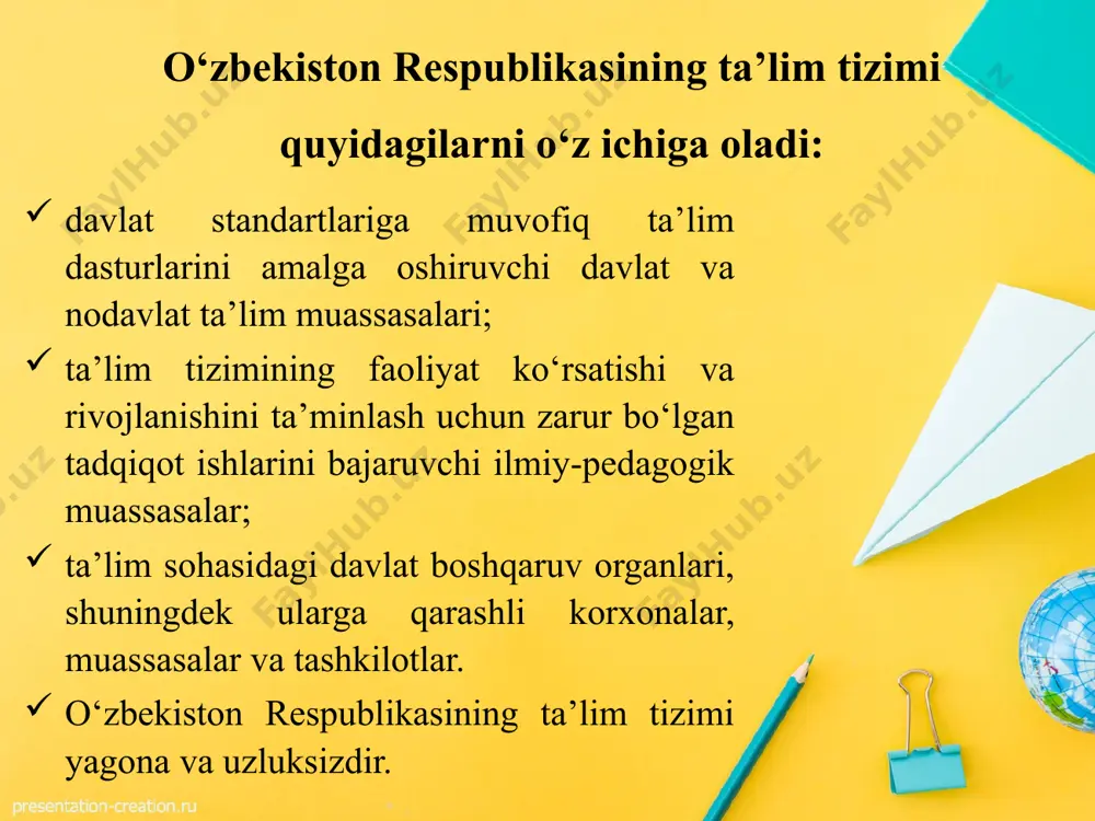 aliy kо‘nikma va malakalarni shakllantirish, ularning bilish qobiliyatlarini о‘stirish va dunyoqarashlarini tarbiyalashga yо‘naltirilgan jarayon dars bevosita о‘qituvchi rahbarligida muayyan о‘quvchilar guruhi bilan olib boriladigan ta’lim jarayonining asosiy shakli bilim olish idrok etish, о‘rganish, mashq qilish va muayyan tajriba asosida xulq-atvor hamda faoliyat kо‘nikma, malakalarning mustahkamlanib, mavjud bilimlarning takomillashib, boyib borish jarayoni ta’lim jarayoni о‘qituvchi va о‘quvchilar о‘rtasida tashkil etiluvchi hamda ilmiy bilimlarni о‘zlashtirishga yо‘naltirilgan pedagogik jarayon о‘quv fani ta’lim muassasalarida о‘qitilishi yо‘lga qо‘yilgan hamda о‘zida muayyan fan sohasi bо‘yicha umumiy yoki mutaxassislik bilim asoslarini jamlagan manba ta’lim mazmuni davlat ta’lim standartlari asosida belgilab berilgan hamda ma’lum sharoitda muayyan fanlar bо‘yicha о‘zlashtirilishi nazarda tutilgan ilmiy bilimlar, shuningdek, shaxsning aqliy va jismoniy qobiliyatini har tomonlama rivojlantirish, dunyoqarashi, odobi, xulqi, ijtimoiy hayot va mehnatga tayyorlik darajasini shakllantirish jarayonining mohiyati ta’lim tizimi yosh avlodga ta’lim-tarbiya berish yо‘lida davlat tamoyillari asosida faoliyat yuritayotgan barcha turdagi о‘quv-tarbiya muassasalari majmui ta’lim maqsadi (о‘qish, bilim olish maqsadi) ta’limning …