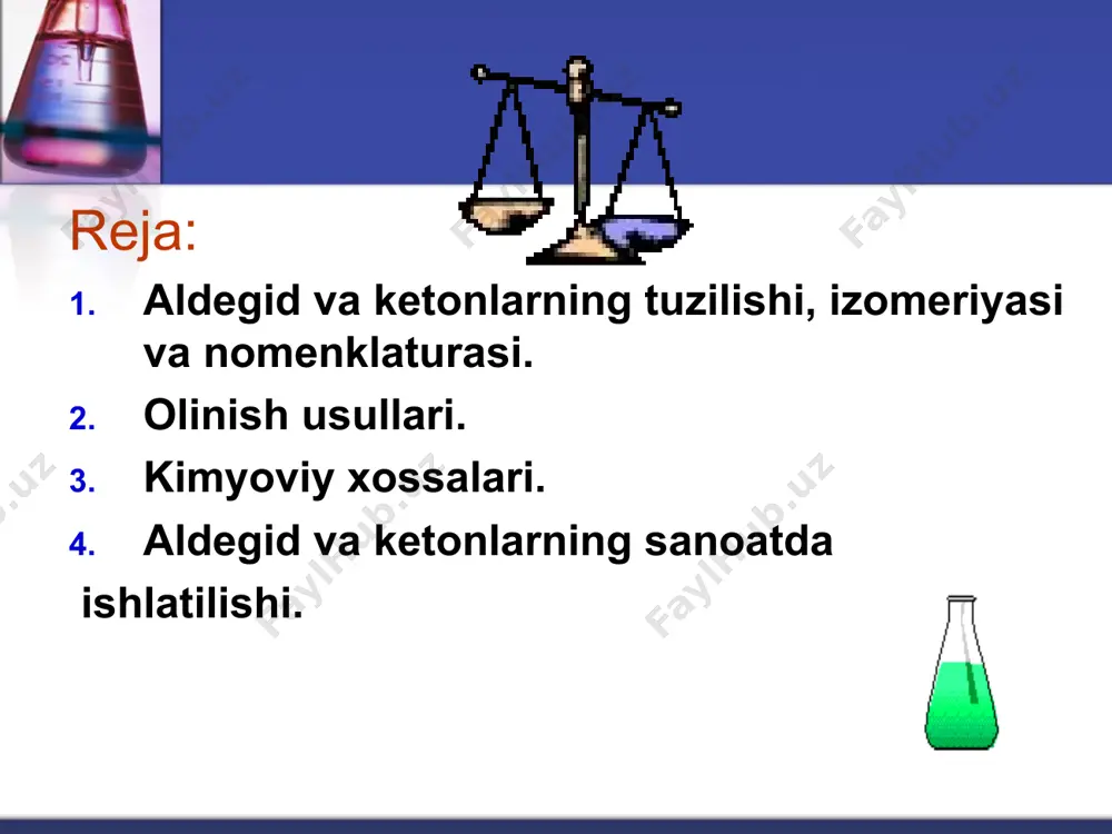 oh oksidlanish reaksiyalari o // // ch3 – c + ag2o  ch3 – c + 2 ag \ \ h oh o o // // ch3 – c + 2 cu(oh)2  ch3 – c + cu2o + 2h2o \ ko’k \ qizil h oh * kimyoviy xossalari magniyorganik birikmalar bilan reaksiyasi grinyar reaktivi grinyar fransua ogyust viktor гриньяр франсуа огюст виктор (6.v.1871–13.xii.1935) (fransiya) kimyodan nobel mukofoti, 1912 y. olinish usullari: spirtlarni oksidlab olish: propanol-2 propanon-2 atseton etanol etanal sirka kislota (etan kislota) olinishi spirtlarni oksidlab o cu,t // ch3 – ch2 – ch2 – oh  сh3 – ch2 - c -h2 \ cu,t propanal h сh3 – ch – ch3  ch3 – c – ch3 | | | oh o propanon- 2 (atseton) alkinlarni gidratlash (kucherov reaksiyasi) o // hc  ch + h2o ––hgso4 ch3–с \ h сh3 – c  ch + h2o ––hgso4 …