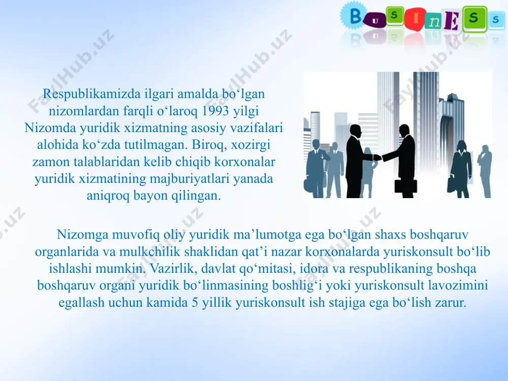tadbirkorlar advokatlarga jumladan, ma’lum shartnomani tuzishda yozma huquqiy xulosa berishni yoki xo‘jalik nizosi bo‘yicha uning vakili sifatida qatnashishni talab qilishlari mumkin. ushbu shartnoma bir martalik shartnoma hisoblanib, u ijro qilingandan keyin o‘z kuchini yo‘qotadi. hozirgi vaqtda har doim ham tadbirkorlar advokatlar xizmatidan foydalanishga moddiy imkon topa olmayaptilar, natijada ular tomonidan tuzilayotgan shartnomalar va shartnoma majburiyatlarini bajarilishi har doim ham qonun talablariga va tadbirkor manfaatlariga to‘g‘ri kelmayapti. buning uchun yuridik xizmat kadrlar bo‘limi bilan hamkorlikda iloji boricha jamoatchilik tashkilotlari ishtirokida ham butun korxona, ham alohida tarkibiy bo‘linmalar bo‘yicha mehnat intizomining buzilish hollari haqidagi ma’lumotlarni vaqti-vaqti bilan tahlil qilishi, bu nuqsonlarning sabablarini aniqlashi va ularni bartaraf etishda huquqiy vositalardan foydalanish borasida takliflar kiritishi kerak. yuridik xizmat mehnat intizomini buzuvchilarga qonunchilik normalarini qo‘llash tajribalarini umumlashtirishda ishtirok etadi. bunda huquqiy choralarni jamoatchilik ta’siri tadbirlari bilan mohirona qo‘shib qo‘llash, ishga kelmovchi va boshqa mehnat intizomini buzuvchilarga intizomiy choralar qrnunchilikda (mexnat kodeksining 181-moddasida) ko‘zda tutilgan jazolarni …