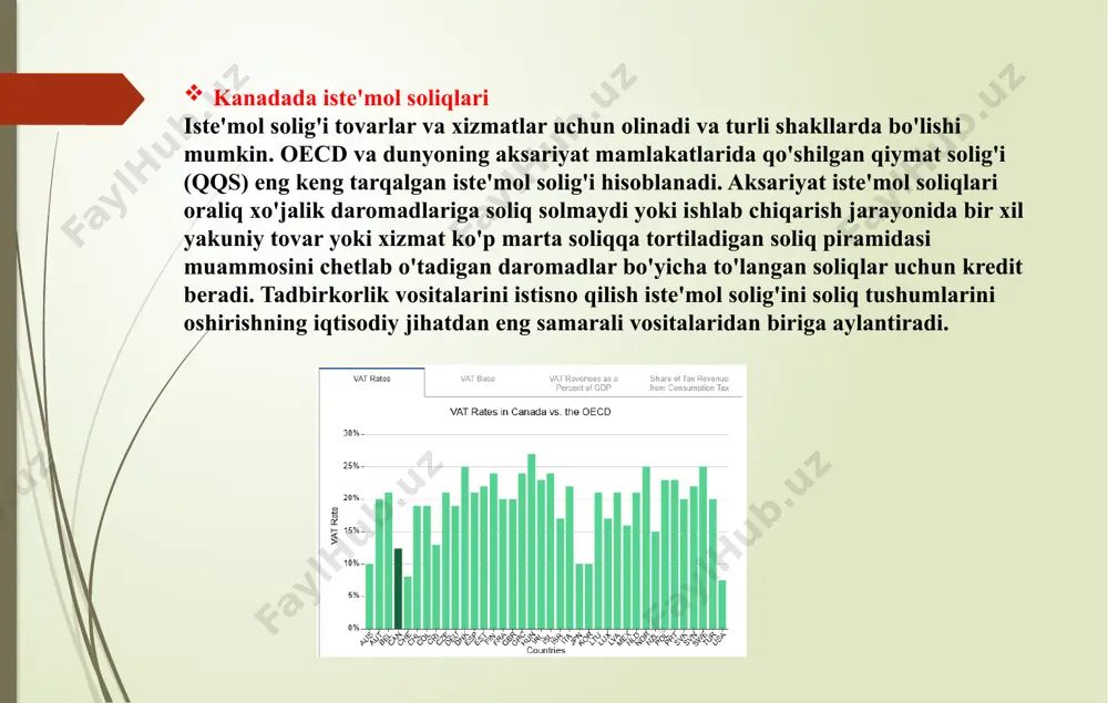 lari bo'ladi, ammo kanada bo'ylab mol-mulk solig'i miqdorini aniqlash uchun asosiy formuladan foydalaniladi: mulk solig'i = baholash qiymati x munitsipal soliq stavkasi uglerod solig'i uglerod solig'i - bu issiqxona gazlari chiqindilarini kamaytirish uchun qazib olinadigan yoqilg'ilarni, jumladan benzin, dizel, tabiiy gaz va propanni sotib olish uchun qo'llaniladigan federal yoki viloyat yig'imi. narxlar viloyatga qarab farq qiladi, lekin tovarlar va xizmatlar narxiga kiritilgan. erni o'tkazish solig'i er o'tkazma solig‘i (shuningdek, mulkni o'tkazish solig'i deb ham ataladi) ko'chmas mulk sotib olinganda qo'llaniladigan viloyat yoki shahar soliqidir. tarif va ariza viloyatga qarab farq qiladi. kapital daromad solig'i kanada hukumati ma'lumotlariga ko'ra, siz aktivlarni uning to'g'rilangan qiymatidan ko'proqqa sotganingizda kapital daromadiga ega bo'lasiz. har yili 250 000 aqsh dollaridan ortiq kapital daromadlari 66% soliq stavkasi bo'yicha soliqqa tortiladi. hashamatli soliq federal hukumat tomonidan kiritilgan hashamat solig'i avtomobillar, qayiqlar va samolyotlar kabi qimmatbaho tovarlarga nisbatan qo'llaniladi. kanada bilan soliq shartnomalari kanada hozirda 96 davlat bilan …