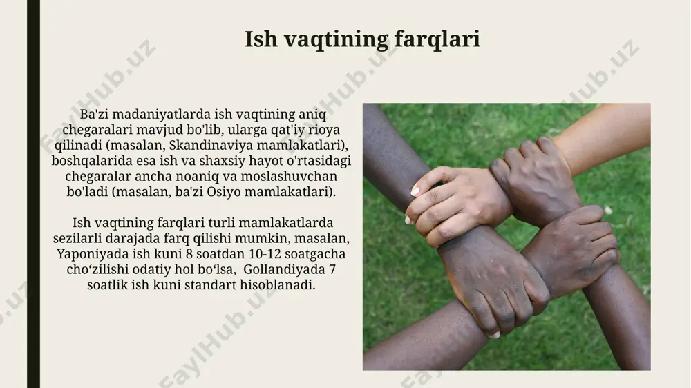 iy farqlarni tushunish madaniy farqlarni tushunishda, kamida 5 ta asosiy madaniy o'lchovlarni (masalan, individualizm vs. kollektivizm, yuqori kontekst vs. past kontekst) hisobga olish muhim, aks holda noto'g'ri tushunchalar yuzaga kelishi mumkin. samarali hamkorlik uchun, turli madaniyat vakillarining 3 dan ortiq muhim qadriyatlari va ishlash uslublarini oldindan o'rganish, munosabatlarni mustahkamlashga yordam beradi. qadriyatlar va e'tiqodlar milliy qadriyatlar tizimi shaxsning o'ziga xos xususiyatlarini, jumladan, 10 dan ortiq individual xususiyatlarini aniqlashda muhim rol o'ynaydi, bu esa xalqaro hamkorlikda muhim ahamiyatga ega. din va an'analar qadriyatlar va e'tiqodlarning shakllanishiga 70% dan ortiq ta'sir ko'rsatadi, bu esa madaniy farqlarni boshqarishda hisobga olinishi zarur bo'lgan muhim omil hisoblanadi. e'tiboringiz uchun rahmat @taqdimot_robot image1.jpg image2.jpg image3.jpg image4.jpg image5.jpg image6.jpg image7.jpg image8.jpg image9.jpg image10.jpg image11.jpg image12.jpg
