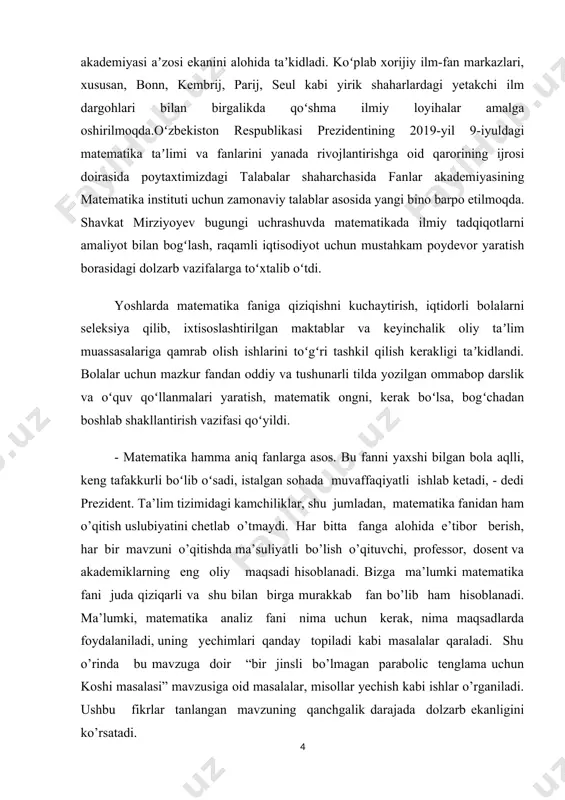 va taxlil qilish. matematik fizik tenglamalar fanidan yarim chegaralangan sohada issiqlikning tarqalishi. davom ettirish usuli yechish va ularga doir masalalar, misollar ishlashdagi kamchiliklarni o`rganib chiqish, kurs ishi yuzasidan olingan nazariy bilimlarni amaliyotda masala va misollarda tadbiq qilib va uning natijalarini taxlil qilish va tegishli xulosalar chiqarish zarur demakdir. kurs ishining tuzilishi. kurs ishi tuzilishiga ko`ra rejasi asosan 4 ga bo`linadi; 1-kirish; 2- asosiy qism; 3- xulosa; 4- foydalanilgan adabiyotlar ro`yxati, hamda ilovadan iborat bo`ldi. davlat taraqqiy topishi uchun avvalombor ilm fan borasida ko`plab yutuqlarga erishmoq demakdir. o’zbekiston respublikasining mustaqilligini mustahkamlash yo’lida yosh avlodni chuqur bilimli, kelajakda yetuk kadrlar qilib yetishtirish uchun hozirgi kunda alohida e’tibor berilmoqda. iqtidorli o’quvchilar bilan ishlash, ularning iqtidorini ro’yobga chiqarish va ularga zamonaviy ilmlarni berish hozirgi kunning asosiy vazifalaridan biridir. shuning uchun faqat maktab dasturi bilan cheklanmasdan, o’quvchilarning matematik bilim va tafakkurini chuqurlashtirish, fikrlash doirasini kengaytirish, tasavvur qilish qobiliyatini o’stirish maqsadi mazkur kurs ishida mujassamlashtirildi. hozirgi …