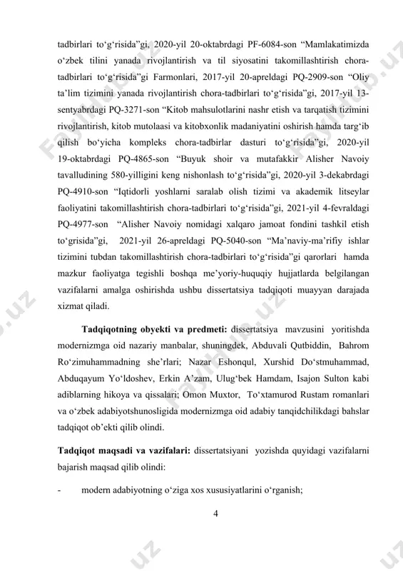 a o‘rganilishi 1.1-§. modernizm va uning mohiyati xxi asr adabiyoti o‘zining uslubiy va g‘oyaviy rang-barangligi bilan barcha davrlar adabiyotidan keskin farq qiladi. aynan xix asr oxiri xx asrlar boshlarida yevropa va amerikada odamlarning dunyoni his etishlari va borliqqa munosabatlarida qat’iy burilish yuz berdi. jahonda yuz bergan ijtimoiy sohadagi taraqqiyotning juda tez jadallashishi yangicha qarashlar, yangicha fikrlarning vujudga keltirdi. bu esa o‘z o‘rnida dunyo adabiyotining taraqqiyotiga, uning yangi bosqichga o‘tishiga katta ta’sir ko‘rsatdi. ayni bu badiiyat hodisasi modernizm istilohi bilan ifodalanadi, uning ta’siri xxi asrda ham turli xalqlar adabiyotiga hanuzgacha davom ettib kelinmoqda. “adabiyotshunoslik lug‘ati”da mazkur tushuncha shunday izohlanadi: “modernizm (fr. modern - eng yangi zamonaviy) – xix asr oxiri – xx asr boshlarida ommalashgan termin, san’at va adabiyotda dekadansdan keyin maydonga chiqqan norealistik oqimlarning umumiy nomi sifatida tushuniladi. tabiiyki, adabiyot va san’atda keng tarqalgan mazkur hodisa bo‘sh joyda paydo bo‘lgan emas, uning kurtaklari avvaldan mavjud edi. jumladan, ilgariroq vujudga kelgan …