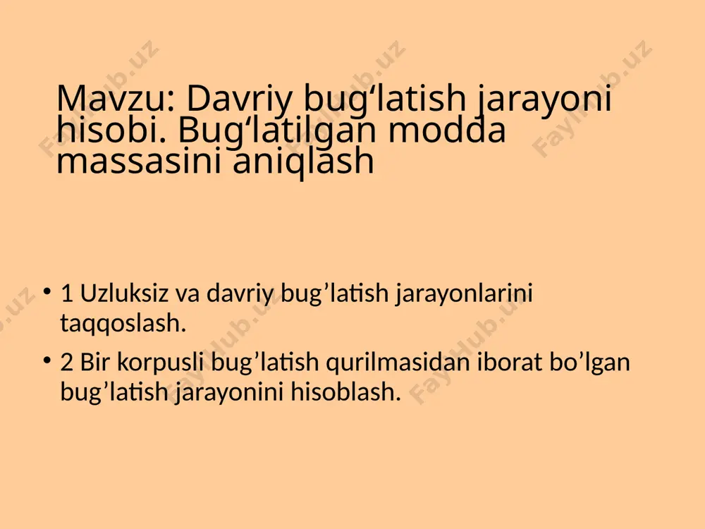 liklari: vakuum ishlatish bug’latish qurilmasining narxini oshiradi, vakuum hosil qilish uchun kondensatorlar, tomchi ushlagichlar, vakuum nasoslar kerak bo’ladi, bundan tashqari, qurilmani ishlatish uchun zarur bo’lgan sarf ham ko’payadi. atmosfera bosimidan yuqori bo’lgan bosimda bug’latishda hosil bo’lgan ikkilamchi bug’dan qaytadan bug’latish jarayonida hamda bug’latish bilan bog’liq bo’lmagan boshqa maqsadlarda foydalanish mumkin. boshqa maqsadlar uchun ajratilgan bug’ ekstra bug’ deb ataladi. yuqori bosim bilan bug’latish jarayonida ekstra bug’ni ajratib olib ishlatish vakuum yordamida bug’latishga nisbatan issiqlikdan to’laroq foydalanish imkoniyatini beradi. yuqori bosim bilan bug’latish eritmaning qaynash temperaturasining ortishiga olib keladi. bundan tashqari, yuqori bosim bilan bug’latishni amalga oshirish uchun yuqori temperaturali isituchi reagent kerak bo’ladi. shu sababli bu usul yuqori temperaturaga chidamli moddalarning eritmalarini quyultirishda ishlatiladi. atmosfera bosimi bilan bug’latishda ikkilamchi bug’ ishlatilmaydi, u atmosferaga chiqarib yuboriladi. bunday usul oddiy, lekin eng tejamsiz hisoblanadi. ishlash rejimiga ko’ra bug’latish apparatlari davriy va uzluksiz bo’ladi. kichik masshtabdagi ishlab chiqarishlarda va ayrim vaqtda eritmalarni yuqori …