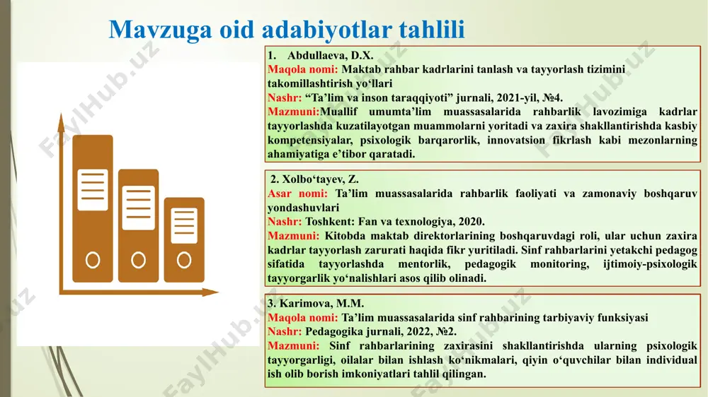 hda egallaydi. xorijiy tajriba va milliy tajribani integratsiya qilish yo‘lga qo‘yilgan. rahbarlik lavozimidan oldin maxsus tayyorgarlik kurslarini o‘tish majburiy bo‘lishi kerak. xorijiy tajribani mahalliy sharoitga moslashtirib joriy etish lozim. mavzuning qiyosiy tahlil etilganligi 9 xulosa tadqiqot davomida maktab rahbar xodimlar va sinf rahbarlari zaxirasini shakllantirish — ta’lim muassasasi boshqaruv tizimining barqarorligini ta’minlash va kelajakda malakali rahbarlar korpusini yaratishning muhim omilidir. zaxira kadrlarni tayyorlash jarayoni muntazam ravishda nomzodlarni tanlash, ularning bilim va ko‘nikmalarini rivojlantirish, tajriba almashish imkoniyatlarini yaratish va amaliy faoliyatga jalb etish orqali amalga oshiriladi. mazkur ish tizimli yo‘lga qo‘yilganda, maktabda rahbarlik lavozimlarida bo‘shliq yuzaga kelmasligi, boshqaruv sifati oshishi hamda yosh kadrlar uchun kasbiy o‘sish imkoniyatlari kengayishi ta’minlanadi. takliflarim 1. zaxira kadrlar bazasini yaratish – maktabdagi mavjud o‘qituvchilar orasidan rahbarlik salohiyatiga ega bo‘lganlarni tanlab, elektron ro‘yxat shakllantirish. 2. maxsus tayyorlov kurslari tashkil etish – rahbarlik, boshqaruv psixologiyasi va zamonaviy ta’lim menejmenti bo‘yicha o‘quv-seminarlar o‘tkazish. 3. “ustoz–shogird” dasturini joriy qilish – …